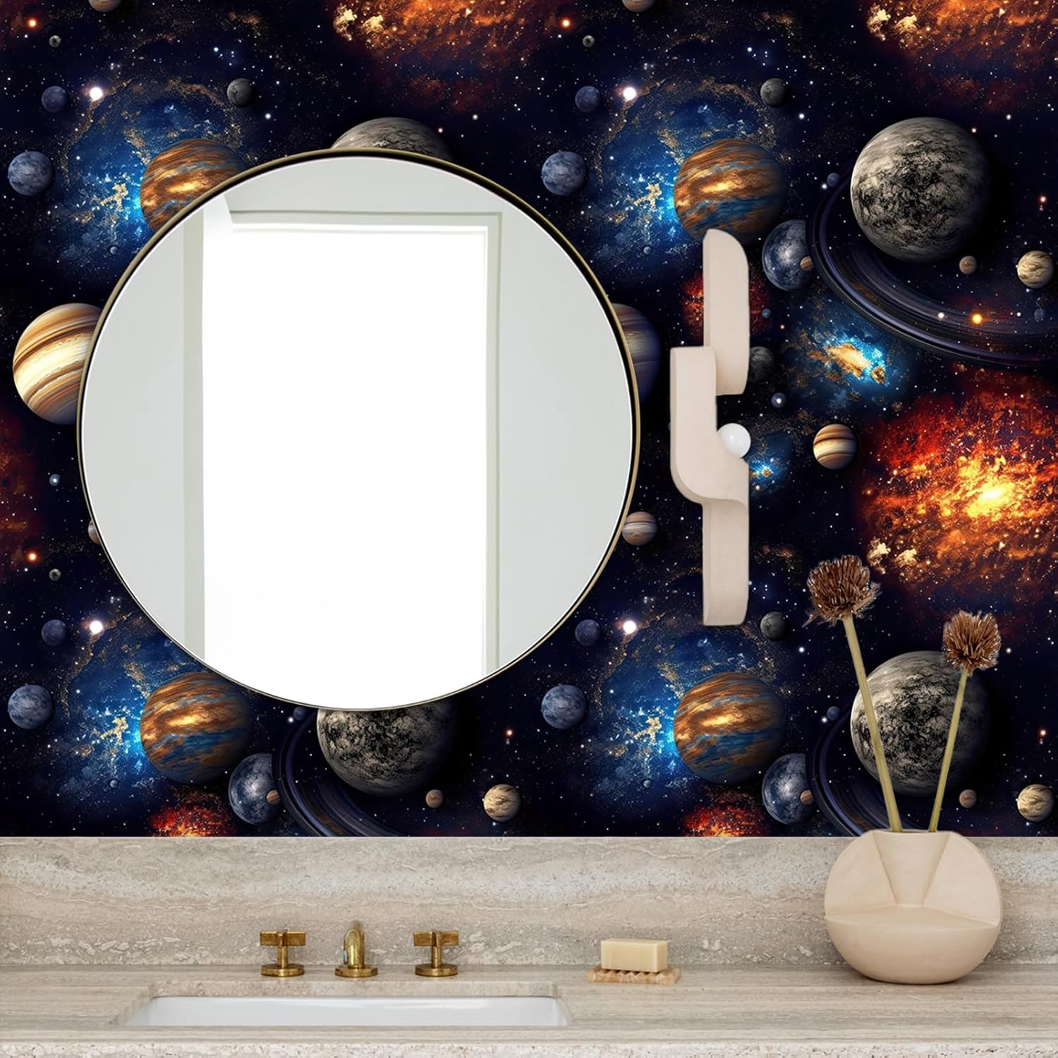 3D Pattern Planet Wallpaper Self Adhesive Peel and Stick Black Watercolor Vivid Whimsical Universe Starry Sky Contact Paper Removable Waterproof for Bedroom Renter Friendly 17.71"x236.2"
