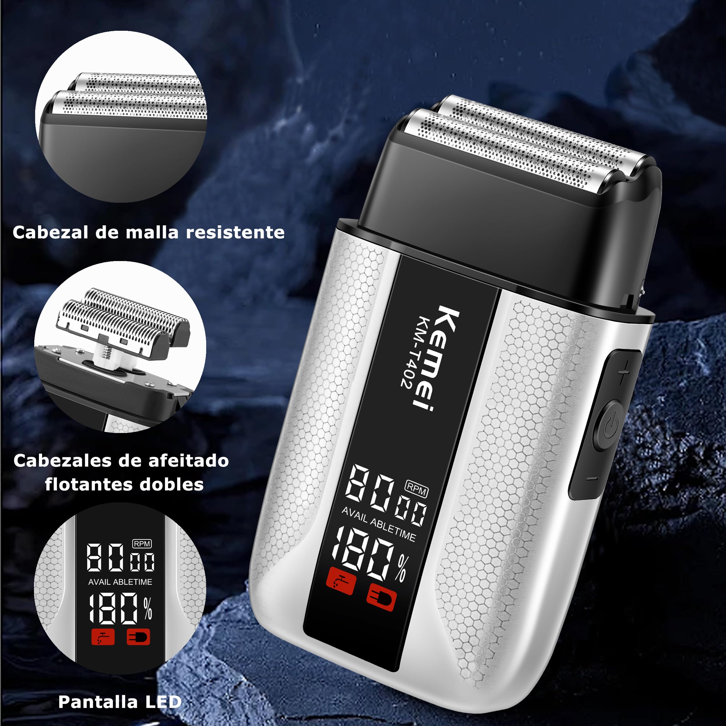 KEMEI T402 - Afeitadoras profesionales de aluminio para hombres, IPX7 impermeable para hombres con pantalla LED, doble afeitadora eléctrica con 3 velocidades ajustables y cubierta UV