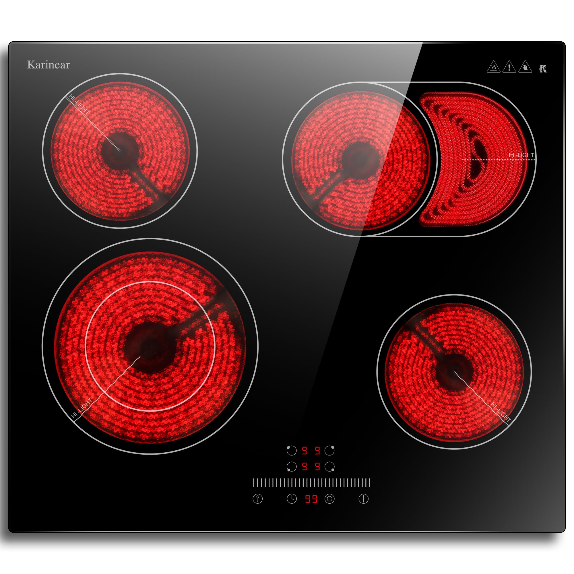 Karinear Ceramic Hob, 60cm Built-in 4 Zones Electric Cooktop with Dual Oval Zone 6600W, Hard Wired, No Plug Included — view 8