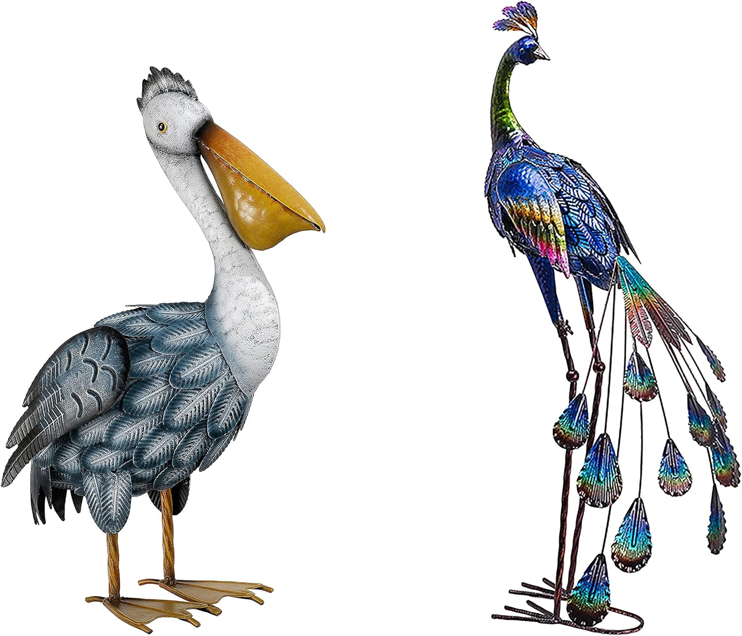 TERESA'S COLLECTIONS Metal Pelican Peacock Garden Statue for Indoor Outdoor Home Decor, Decorative Garden Sculpture Bird Art for Backyard Patio Lawn Porch Decorations