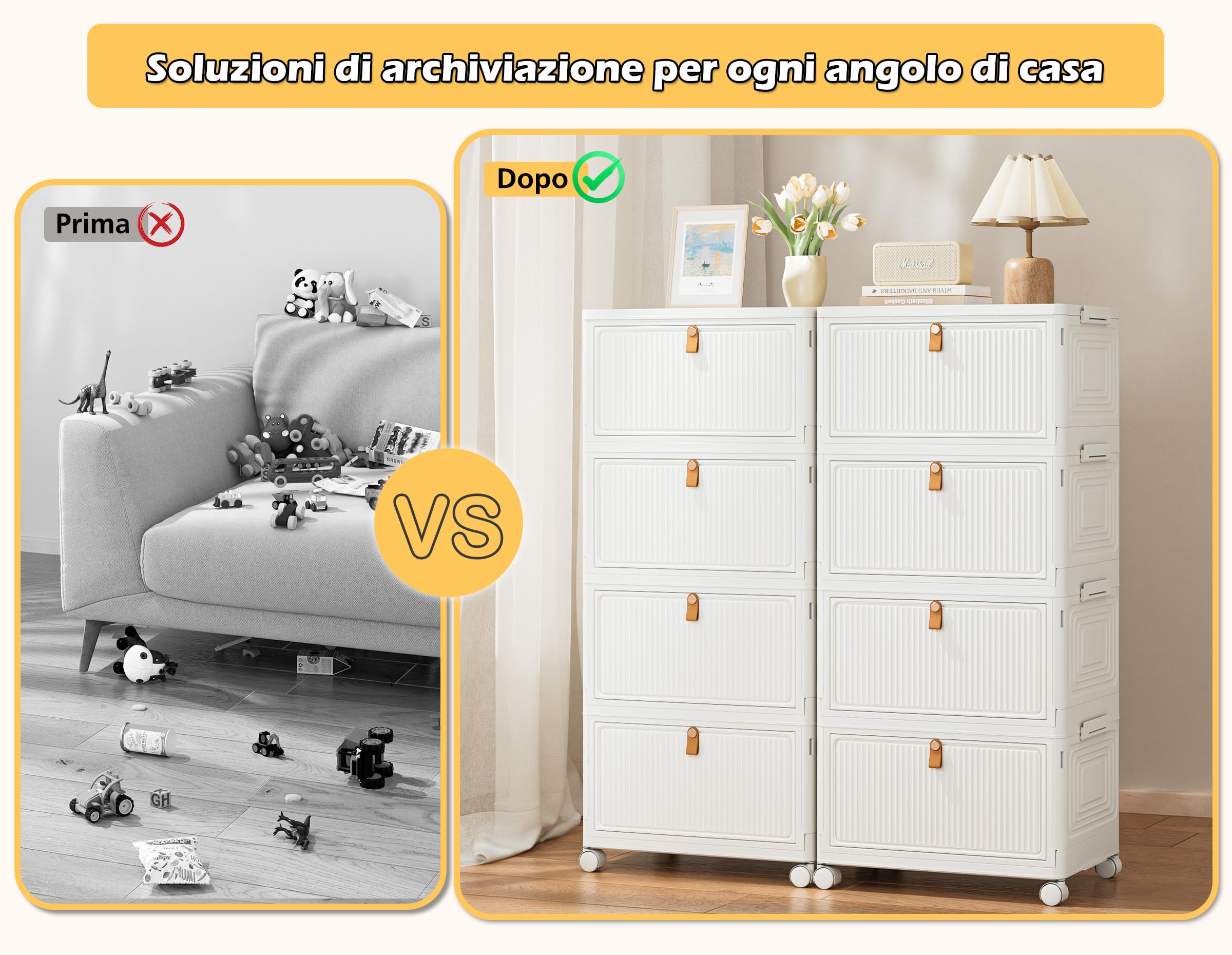 Scatola Portaoggetti Pieghevole Con Ruote 33L – 3 Cassetti, Coperchio E Sportello Magnetico, Bianco Crema, Per Vestiti, Giocattoli E Snack