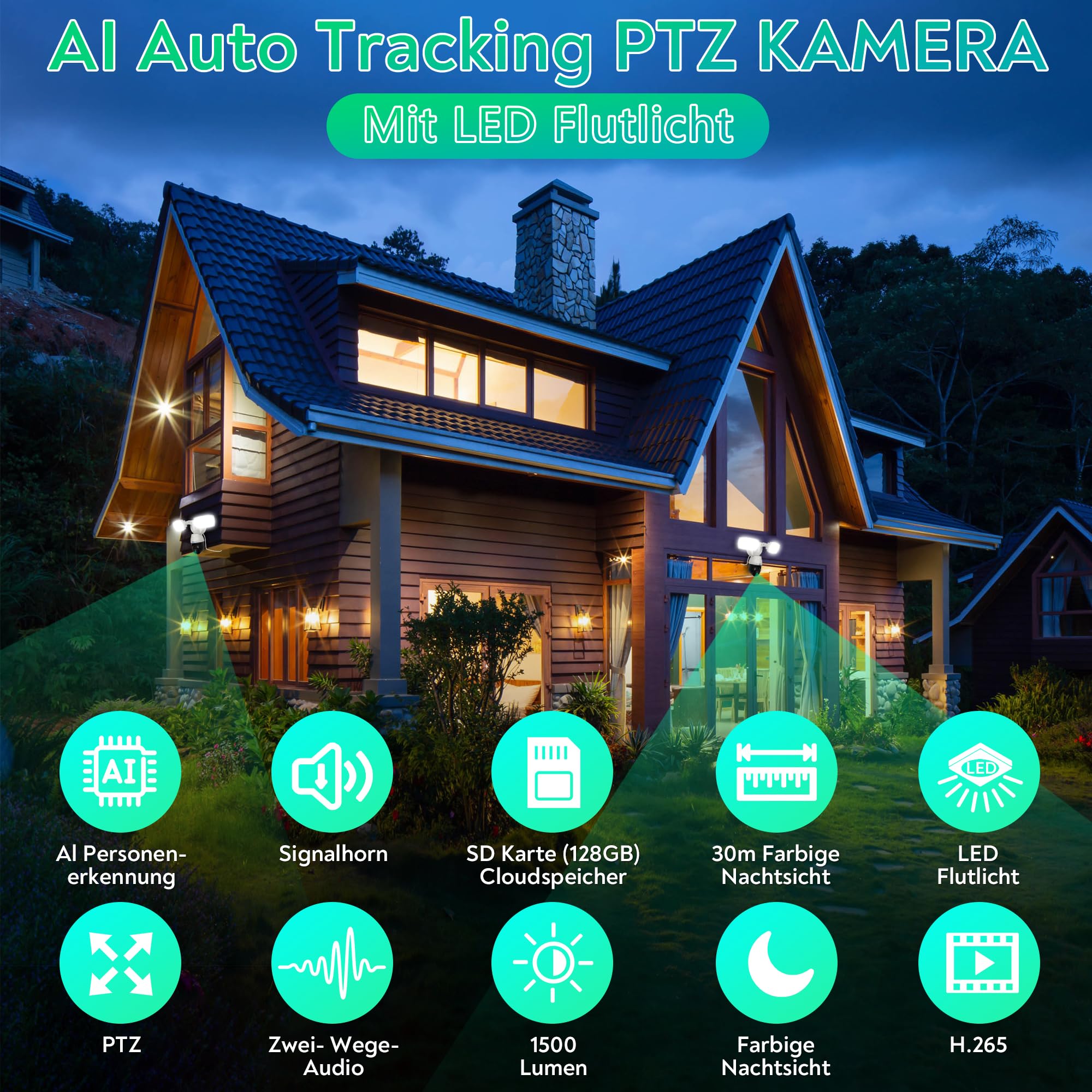 WLAN Überwachungskamera | Sicherheitskamera mit Nachtsicht | Lampe Flutlicht | Kamera Außen Beleuchtung | mit AI Bewegungsverfolgung & App-Steuerung | Smart Home Sprechanlage (mit Netzteil)