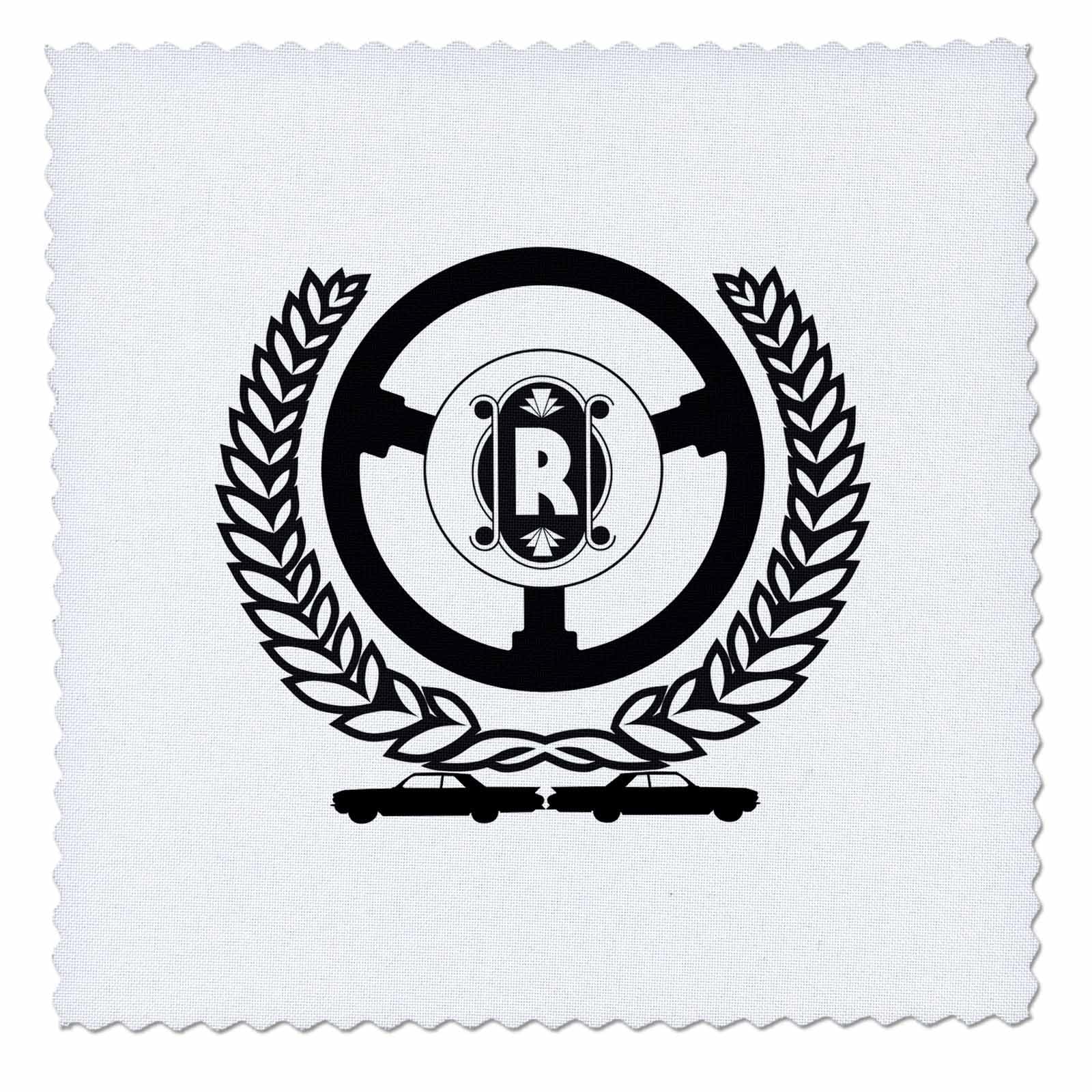 10x10 inch Quilt Square - Laurel Wreath, Steering Wheel, Two Motor Cars. Resplendent Letter R Alexis Design - Monogram Auto Car