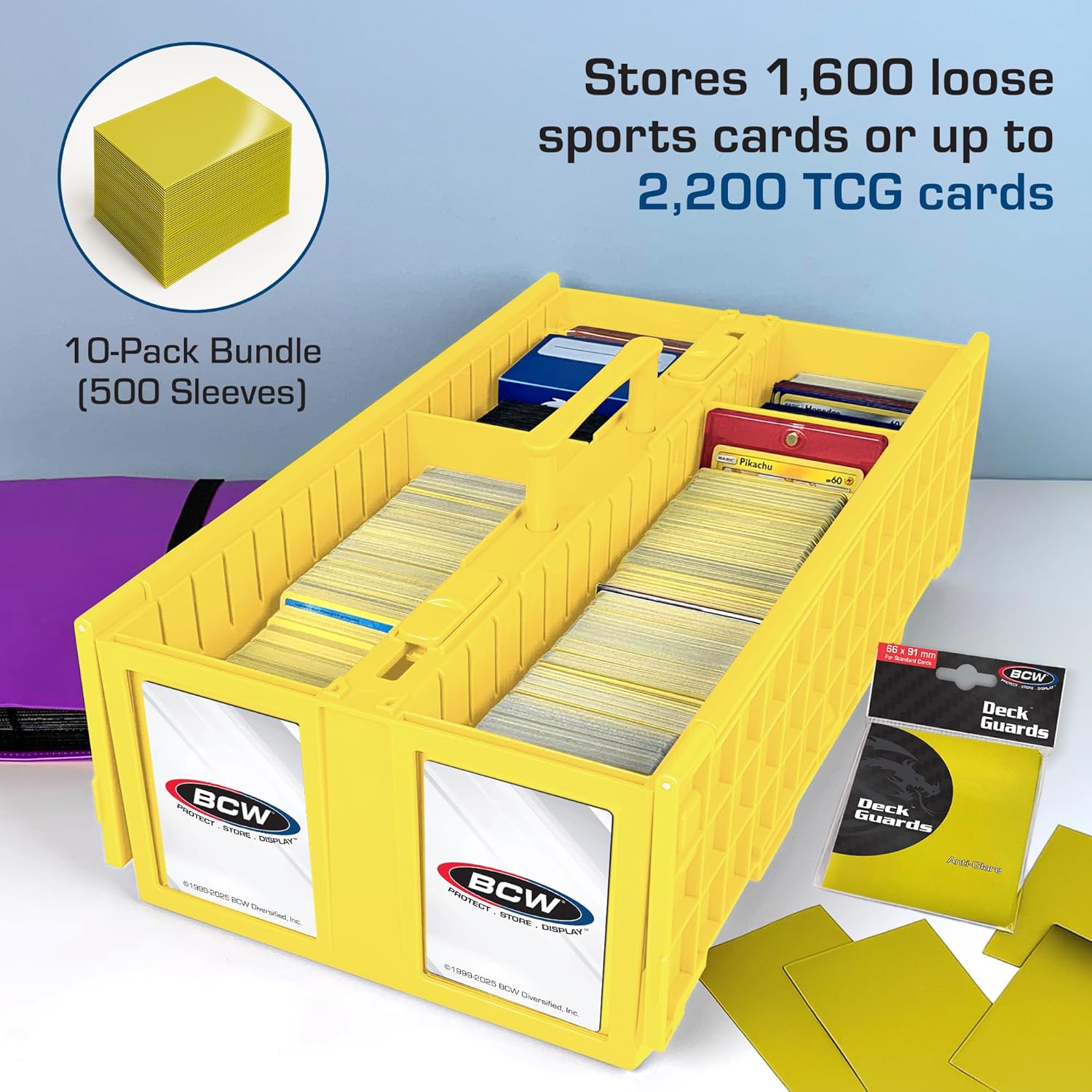 BCW 1600 Card Bin & 500 Deck Guard Sleeves – Yellow | Holds 1,600+ Cards | Stackable Storage Bin | Anti-Glare Sleeves