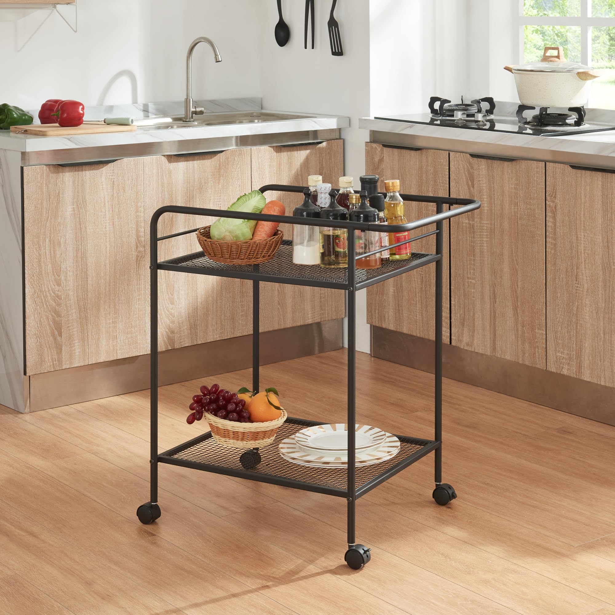 [en.casa] Servierwagen Hole Küchenwagen mit Rollen Beistellwagen Rollwagen mit 2 Ablagen Metallgestell Rollregal Badregal 72 x 62 x 45 cm Schwarz