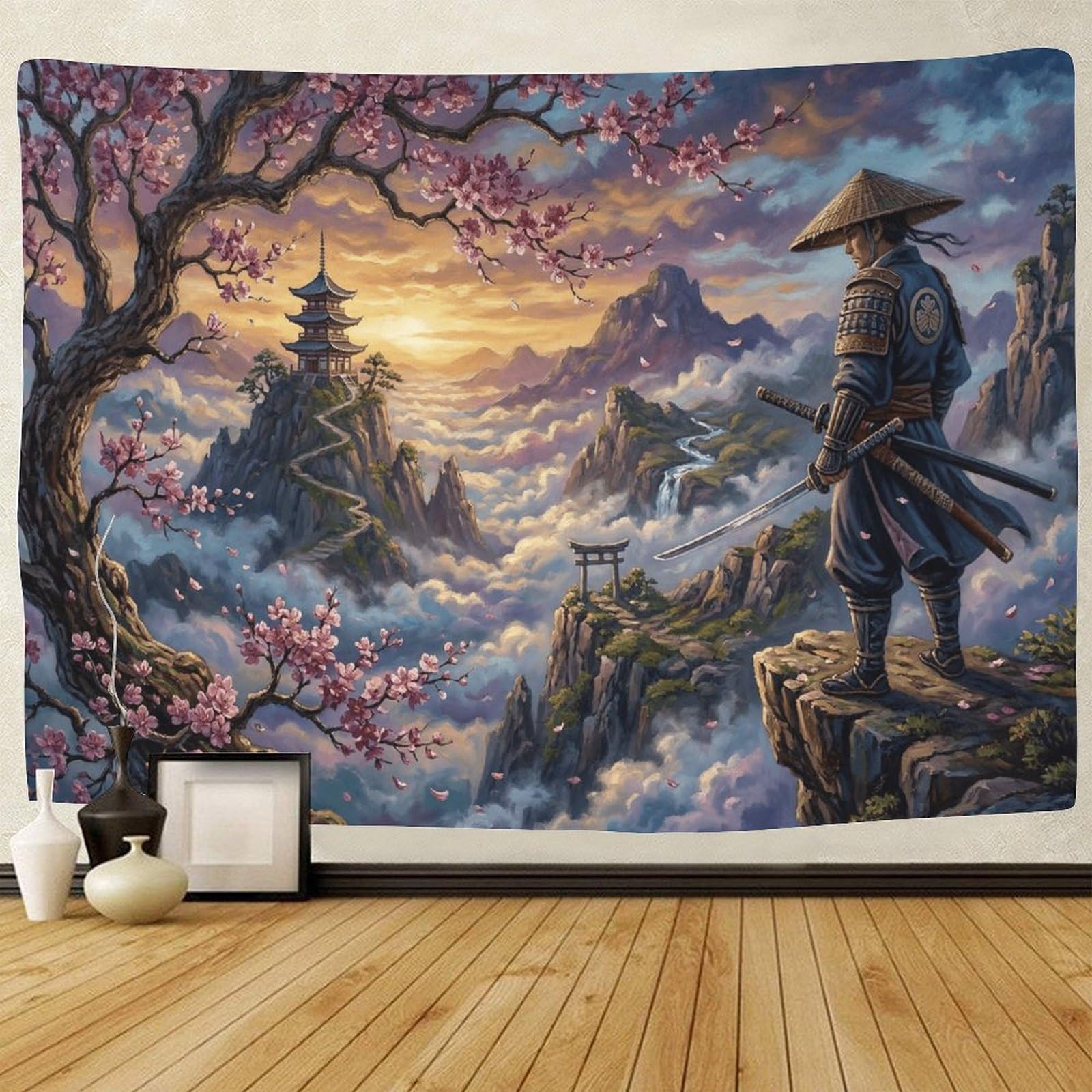 GPMNBCXZK Japanese Samurai Cherry Blossom Art 3D Printed Wall Decor for Living Room Bedroom Dormitory 100cmx150cm