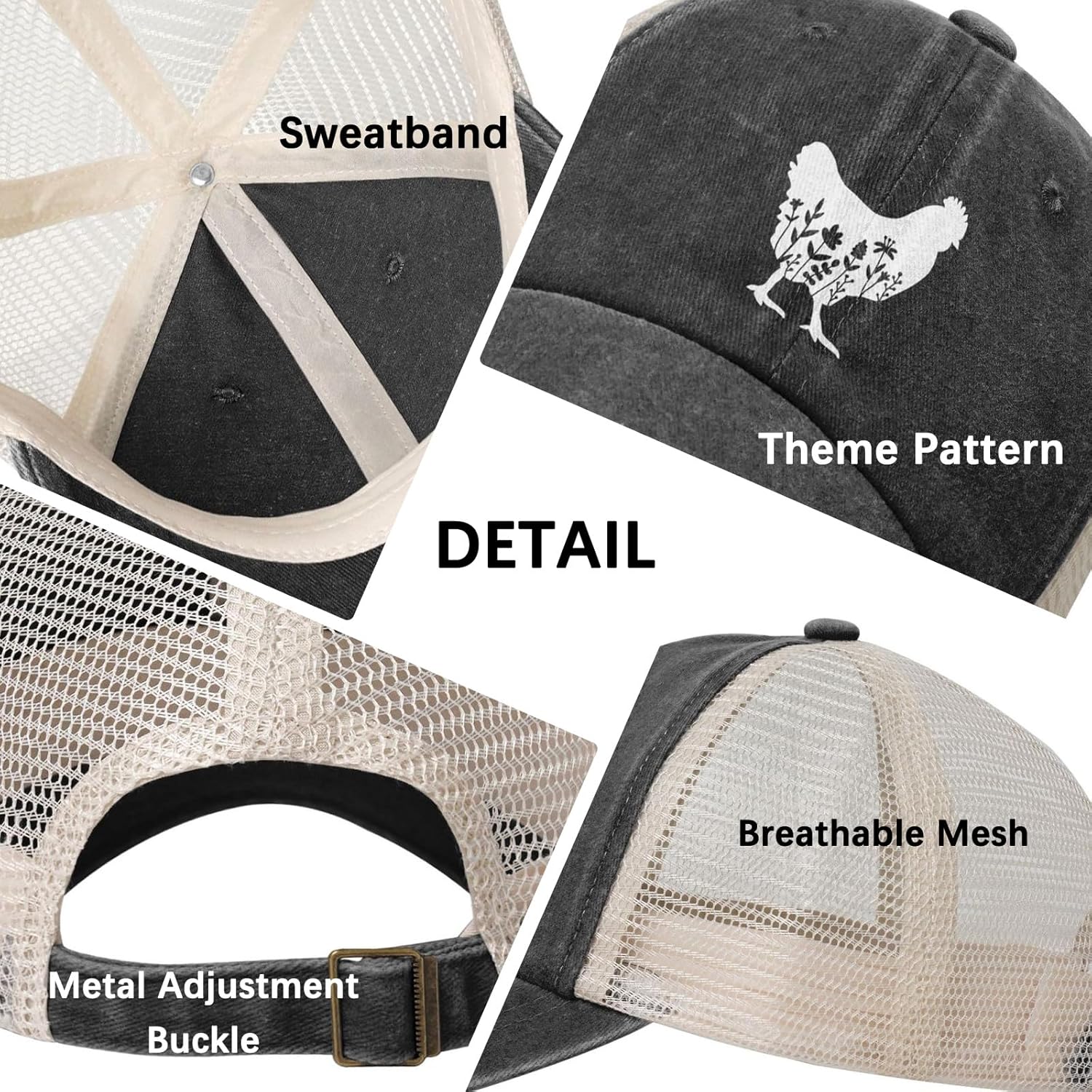 Women's Floral Chicken Trucker Hat for Dad Mom, Vintage Distressed Adjustable Washed Baseball Cap for Men Women - Image 4