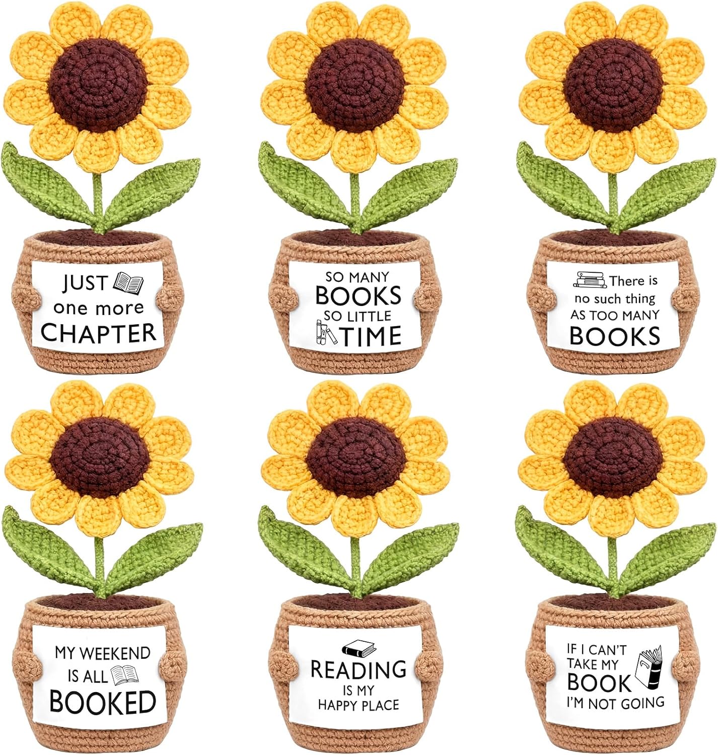 Wavwavw 6 Pcs Book Club Gift Book Lover Gift Bulk Crochet Flower Handmade for Bookish Bookshelf Deck Decor Librarian(Sunflower)