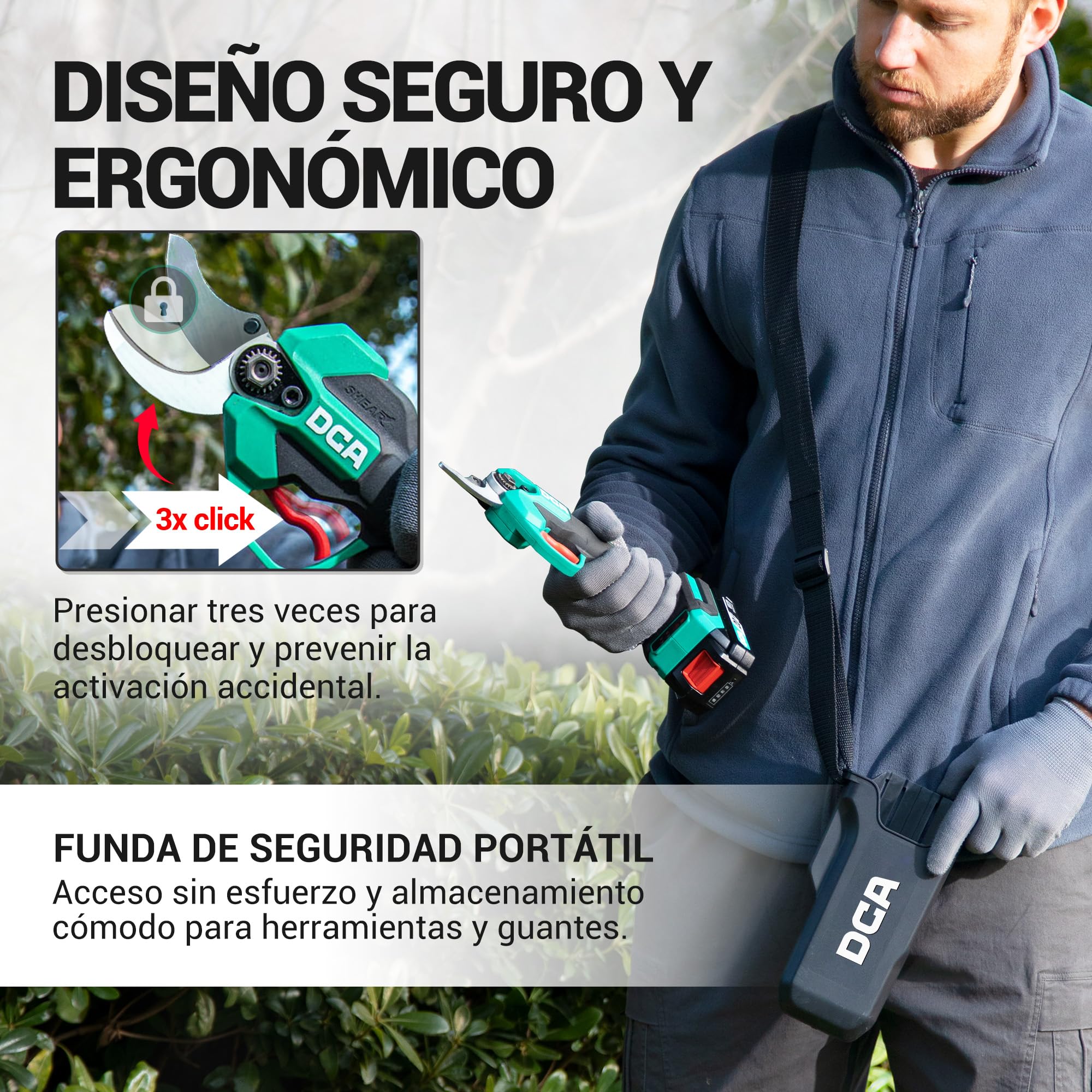 DCA Tijeras de Podar Eléctricas 20V, máx 35mm Tijeras de Podar Bateria hoja SK5, Motor Sin Escobillas con 2,0Ah Batería, con estuche de seguridad portátil para Jardinería, Árboles Frutales, Viñedos