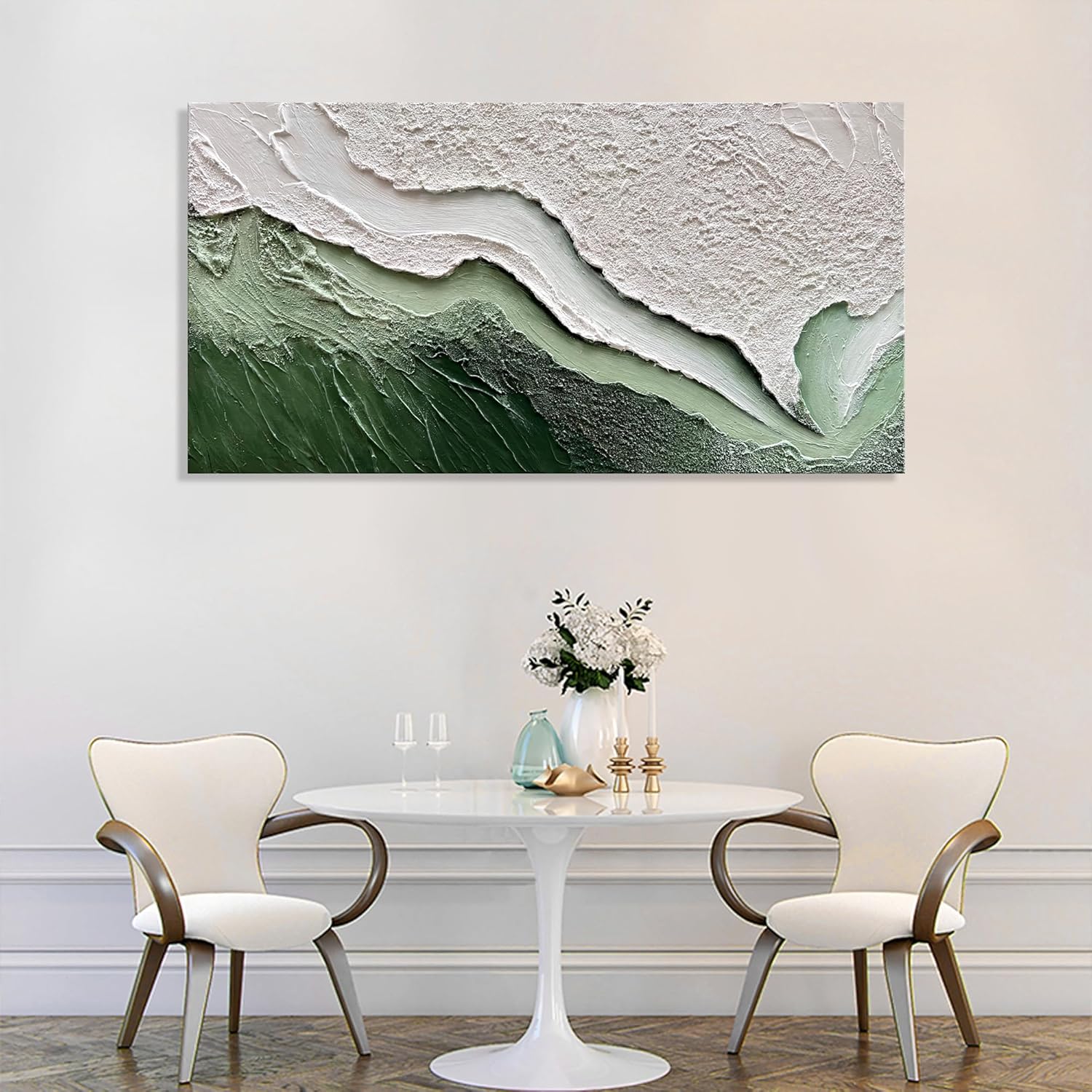 Diathou Art 24x48 inches Hand-painted green and white textured oil painting Modern abstract canvas art Large oil painting home office wall decoration