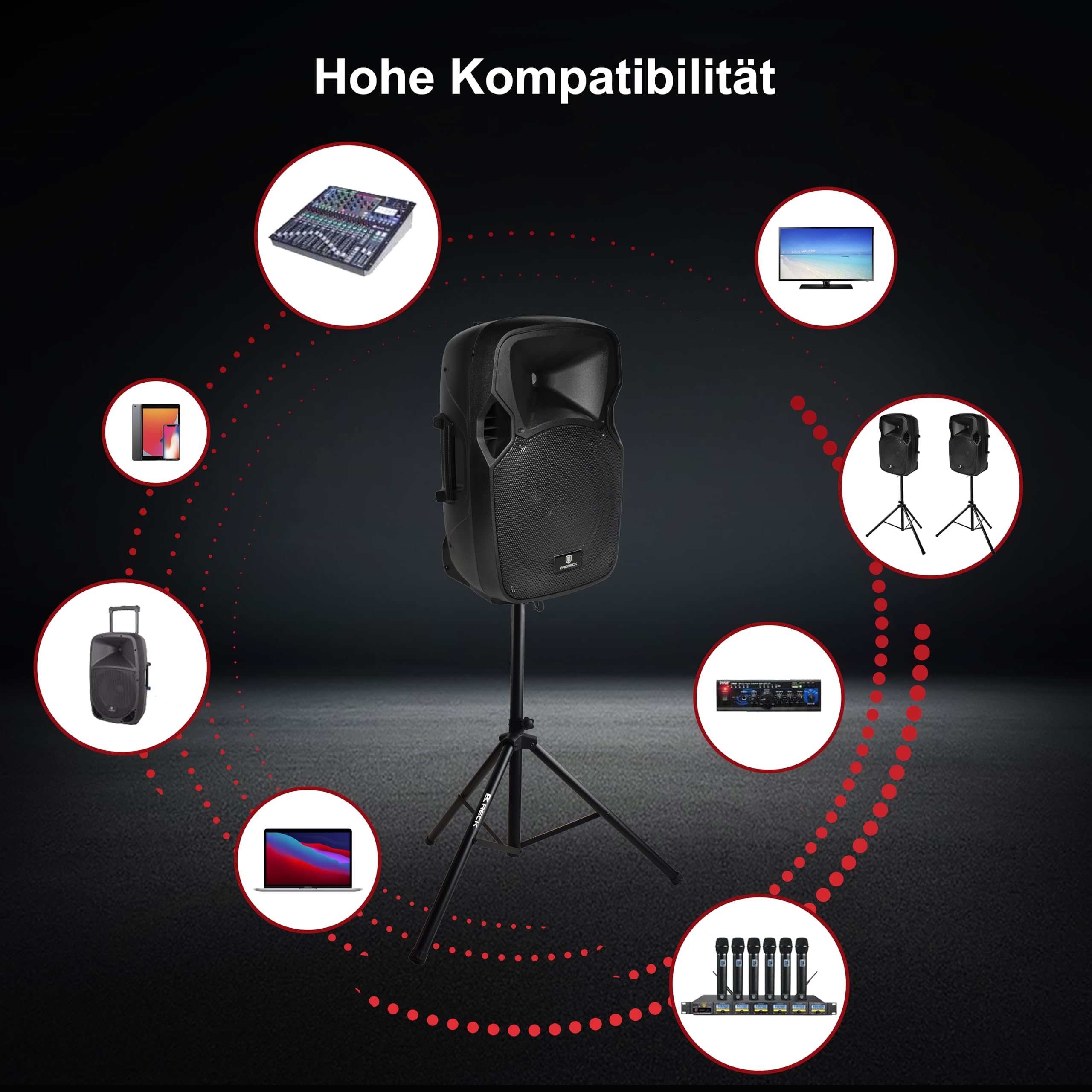 PRORECK Party 12 12-Zoll-2-Wege-Aktiv-PA-Lautsprechersystem-Kombiset mit 1000 Watt, Bluetooth/USB-Laufwerk-Lesefunktion/SD-Kartenleser/FM-Radio/Lautsprecherständer