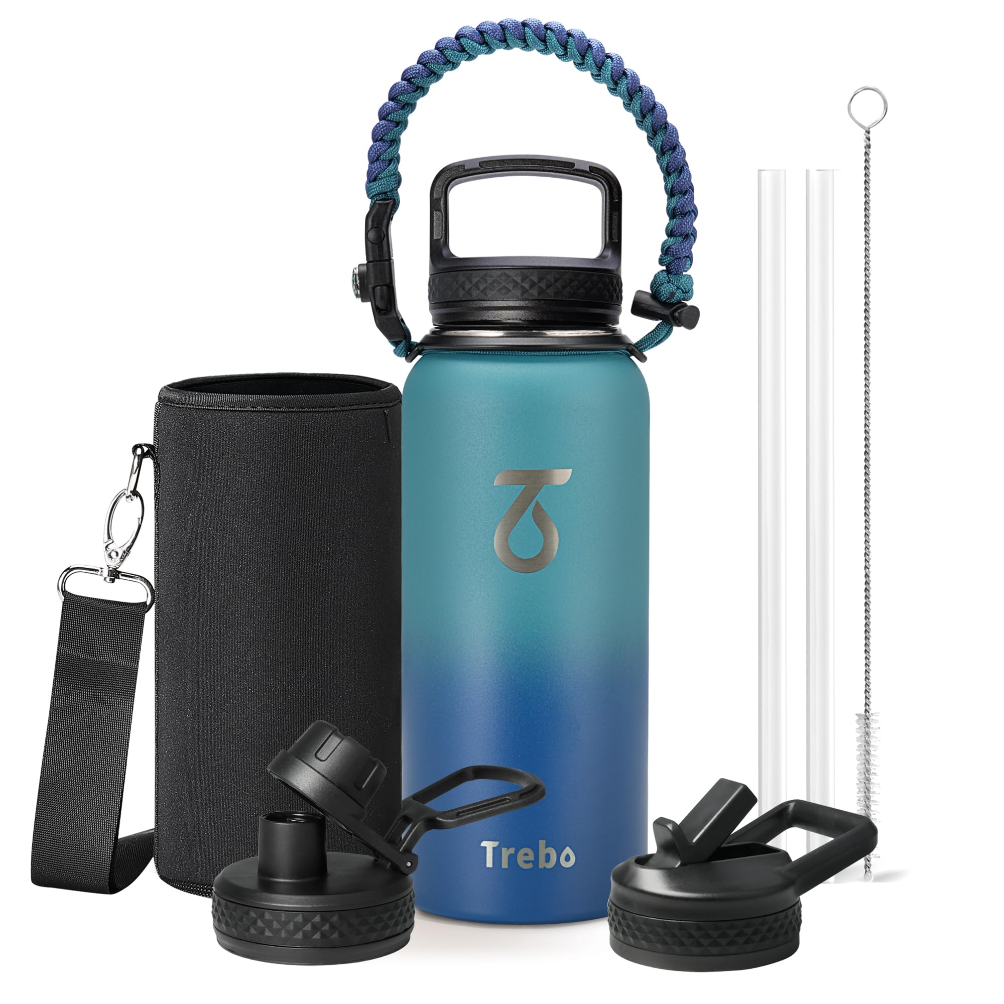 Trebo Borraccia Termica, Borraccia con Cannuccia Borraccia acciaio inox fredda per 48 ore Borraccia Termica Bottiglia in Metallo con Manico in Paracord, 946 ml, Blu Ciano