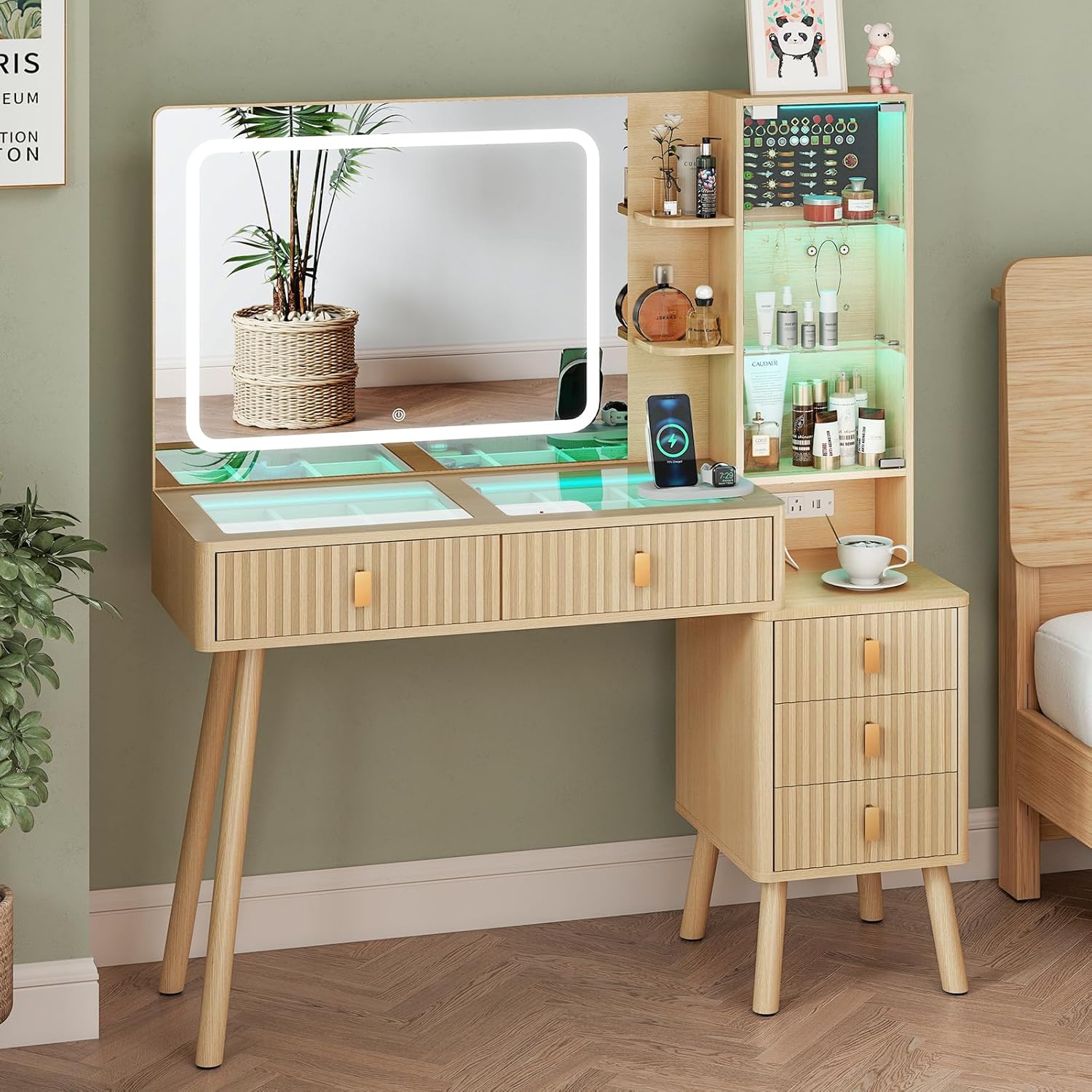 GOODONE 48" Vanity Desk with Mirror and Lights, Fluted Makeup Vanity Table Set with Large 30" Mirror LED Lights, 5 Drawers, Furniture Clearance Outlet for Bedroom, 48 * 15.7 * 53.9 in(Natural Oak)