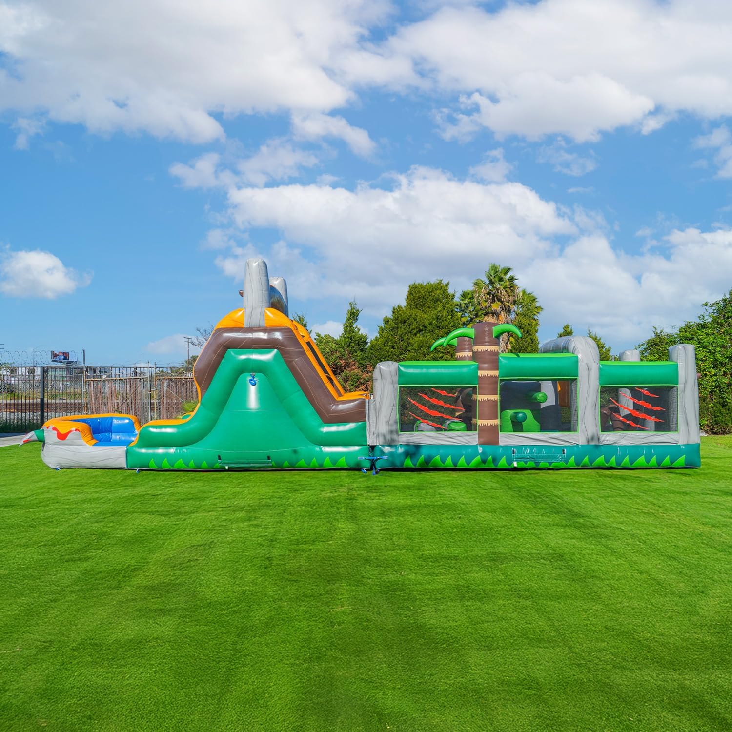 HeroKiddo 42’ x 8’x 13’ T-Rex Dinosaur Inflatable Obstacle Course with Dual Lane Water Slide, 100% Commercial Grade PVC Vinyl, Wet/Dry Fun for Kids and Adults, Large Mesh Windows for Easy Supervision