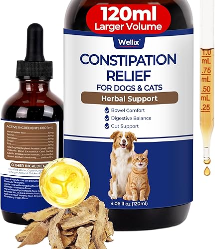 Wellix Alivio del estreñimiento para gatos y perros, 4 onzas, suavizante líquido de heces con raíz de diente de león, prebióticos y probióticos para