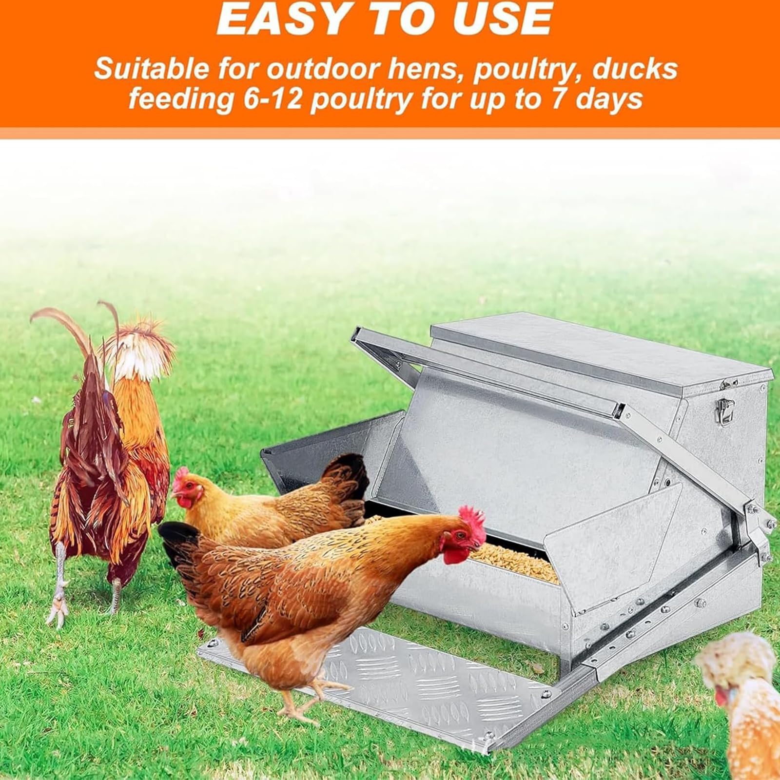 Comedero automático para aves de corral, tapa resistente a la intemperie, capacidad de 25 libras, alimenta de 6 a 12 pollos hasta 7 días, reduce los residuos, ideal para criar bantamos, codorniz