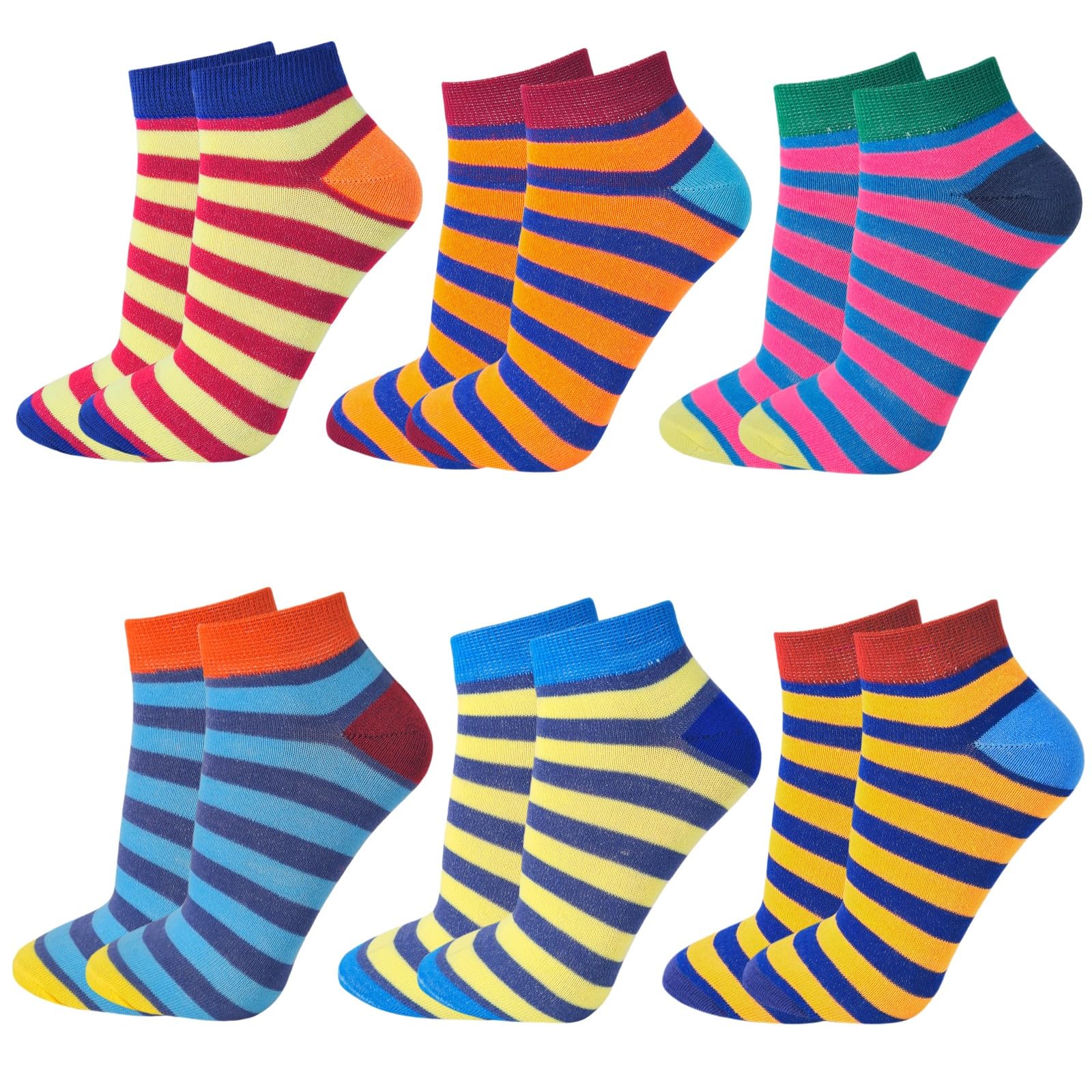 Sock-Tec Women's Multicoloured Trainer Socks 6 Pairs Girls Neon Stripes Striped Design Shoe Liners Sportswear Adults 4-7