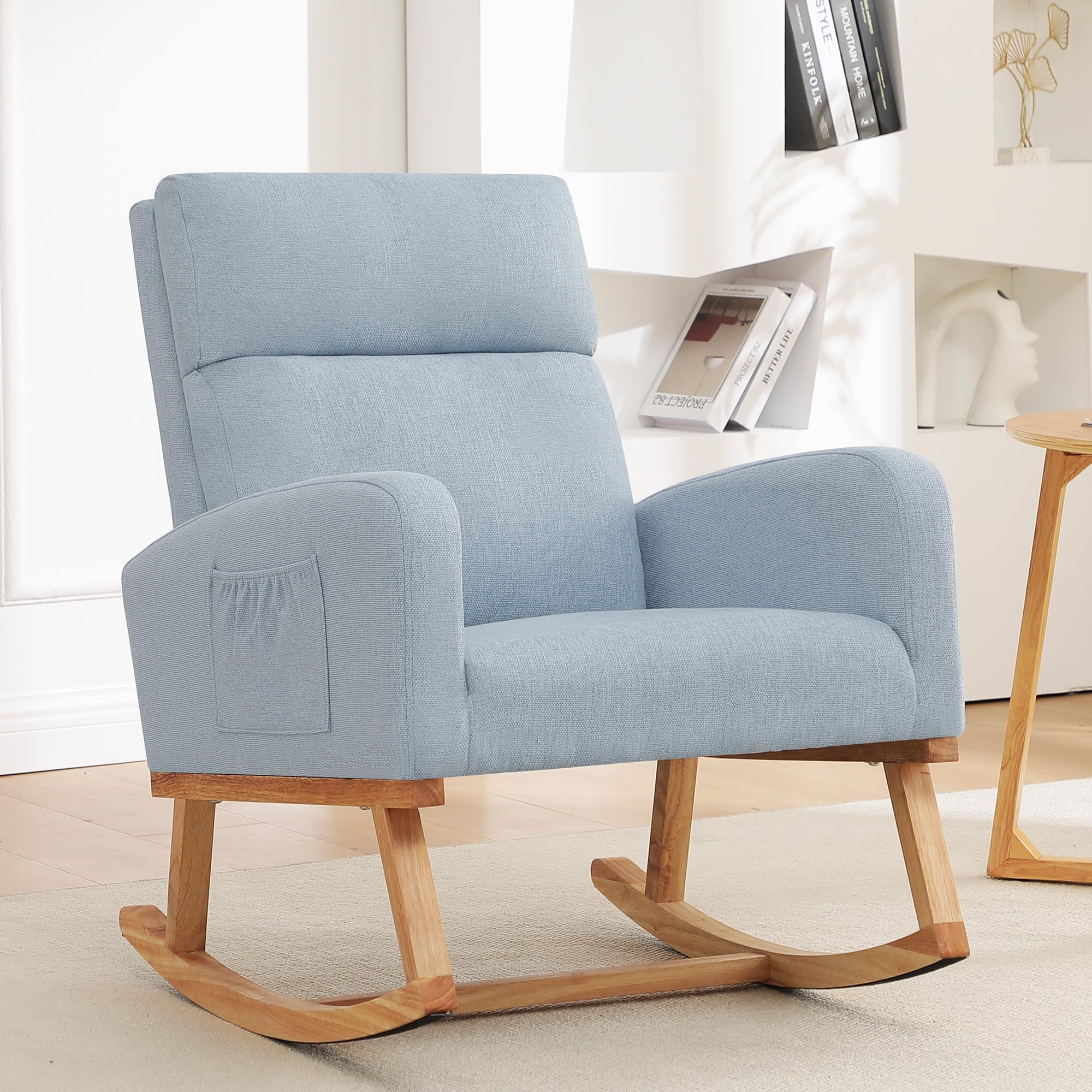 HCHAIRH Rocking Chair Nursery, Modern Nursing Glider Rocking Chairs Comfy Rocker Armchair with Solid Wood Legs for Nursery Living Room, Bedroom, Light Blue