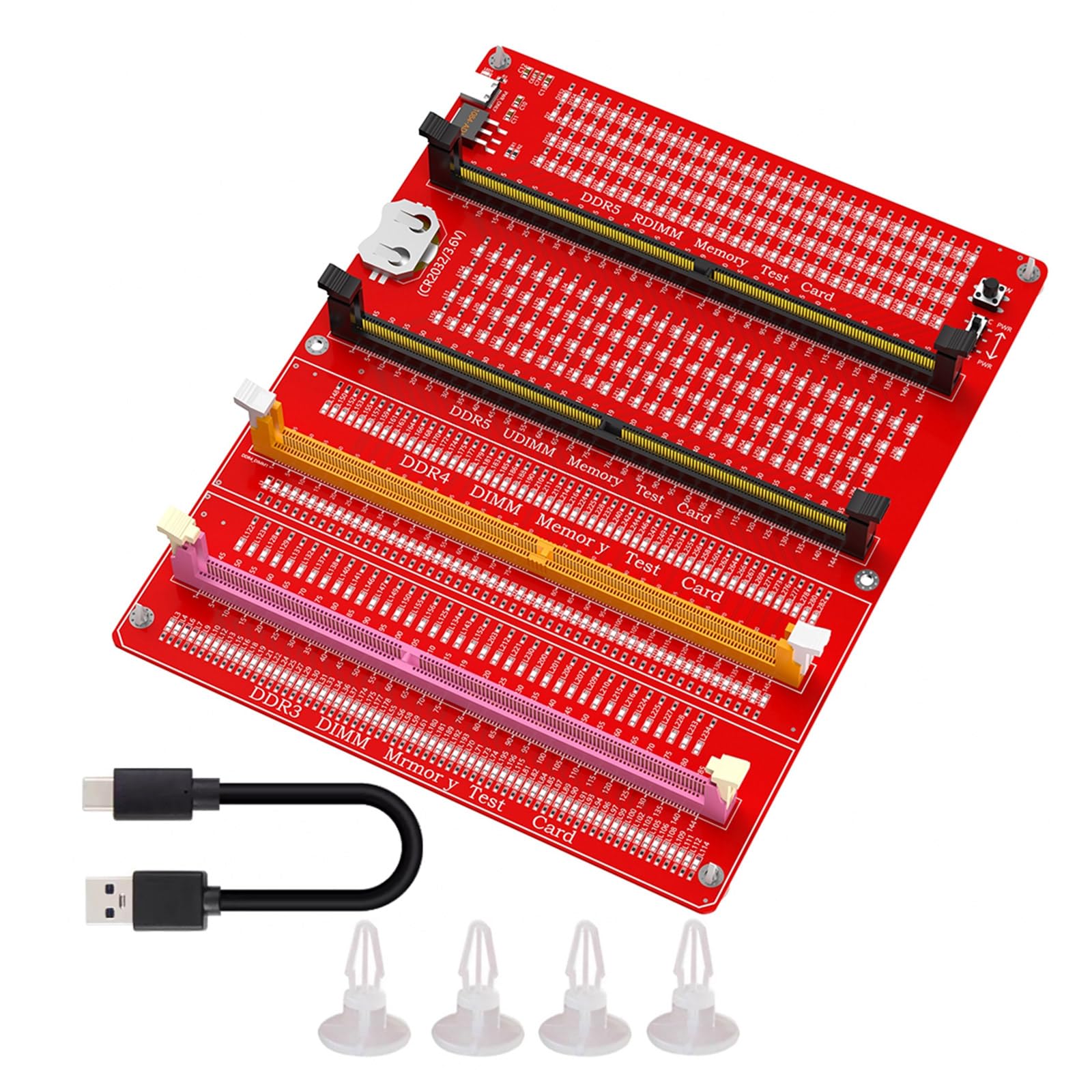 Testeur de mémoire DDR3/4/5 RDIMM/UDIMM avec indicateurs LED, Bouton d'alimentation USB-C et Carte mémoire DDR3/4/5 pour Ordinateur.
