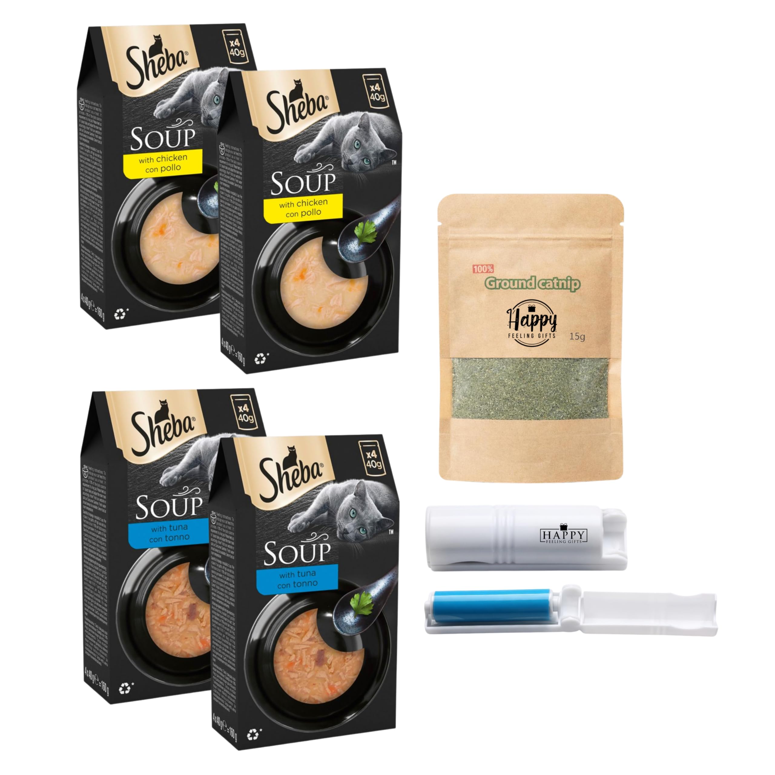 Happy Feeling Gifts Cat Soup Pouches Bundle - Created With 16 Sheba Soup Wet Cat Food Pouches, Chicken & Tuna Variety for Adult Cats - Plus Ground Catnip and a Reusable Lint Roller