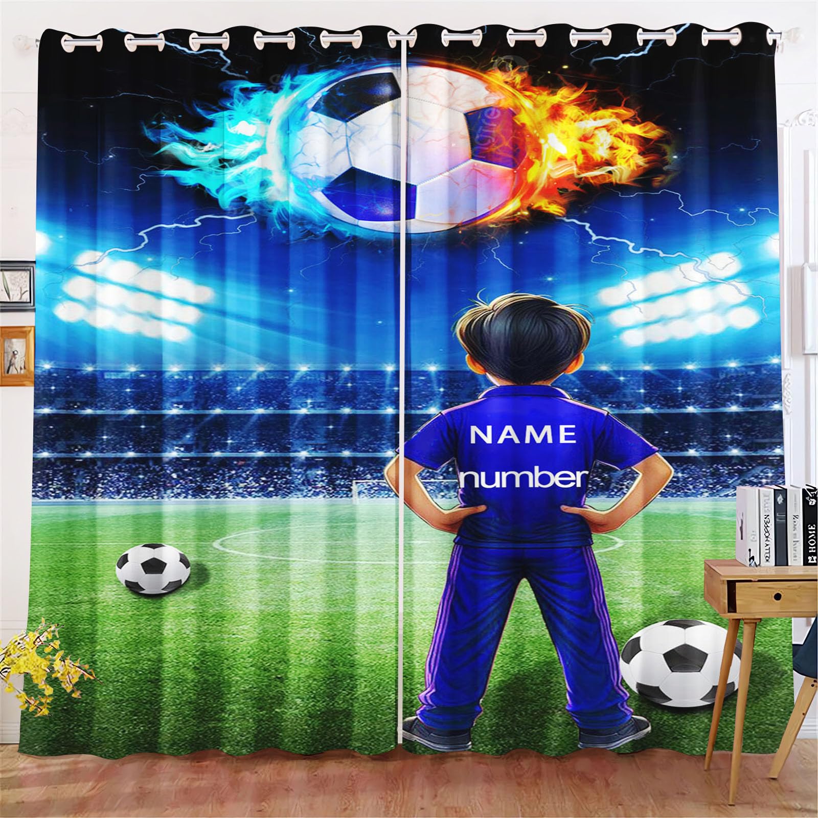 Fußball Vorhänge Blickdicht Verdunkelungsvorhänge Fußball Mit Ösen, Personalisierte Fußball Vorhang Gardinen Verdunklungsgardine 2er Set Für Kinder Jungen (280x180cm(BxH)/ 140x180cmx2,1)