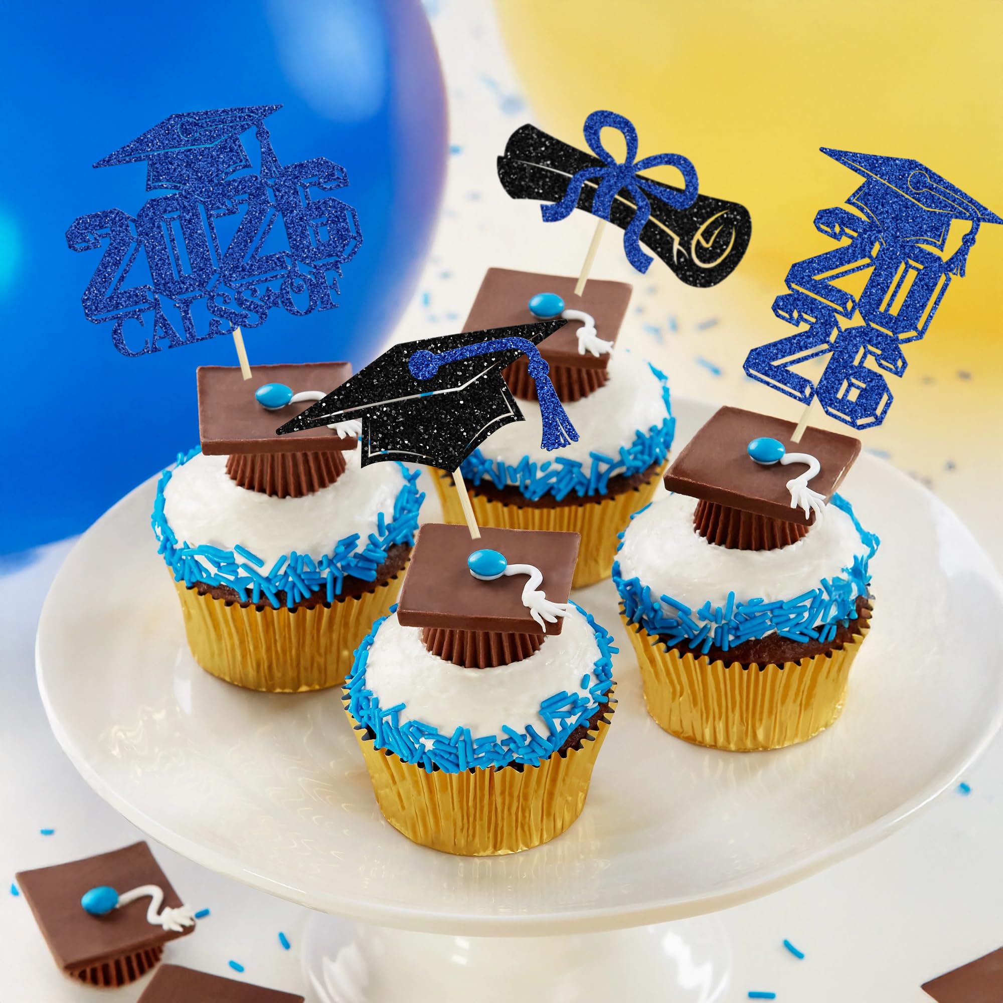 Gyufise 36Pcs 2026 Graduation Theme Cupcake Toppers Glitter Class of 2026 Graduation Cap Diploma Cupcake Picks 2026 Graduated Theme Party Cake Decorations Supplies Dark Blue - Image 4
