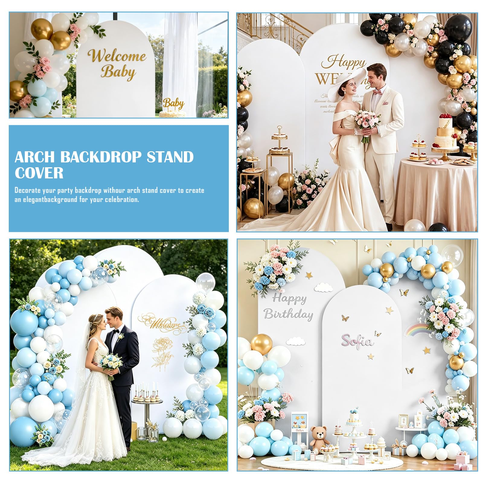 Lot de 3 toiles de fond rondes double face en élasthanne, 1,8 m, 2 m, 2,2 m, pour mariages, fêtes d'anniversaire, baptêmes, banquets