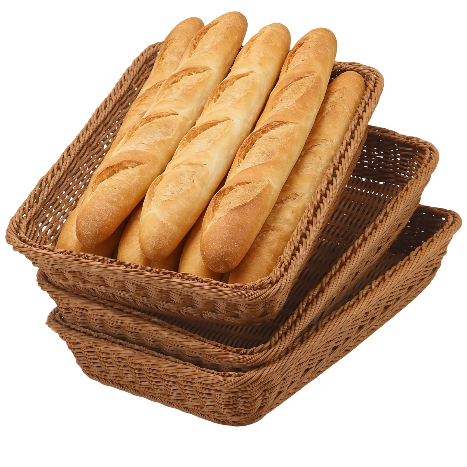 Japchet Brown 3 Pack Imitation Wicker Bread Basket, 40X30x7cm Rectangular Food Serving Basket For Serving, Display, Kitchen, Restaurant