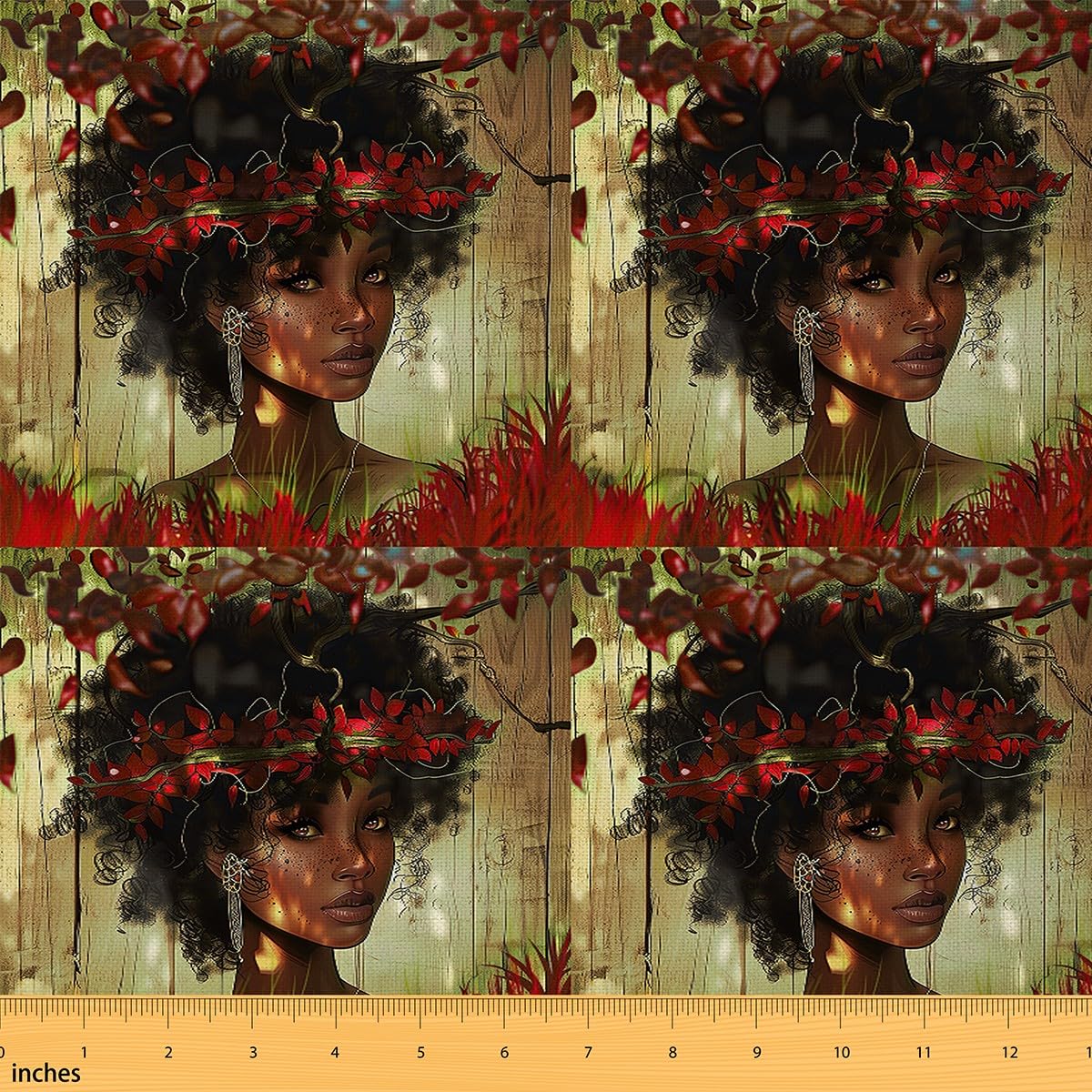 Homemissing Black Woman Waterproof Outdoor Fabric Black Princess Fabric by The Yard Kids African American Girl Upholstery Fabric Ultra Soft Red Botanical Reupholstery Fabric 10 Yards (L920*W150cm)