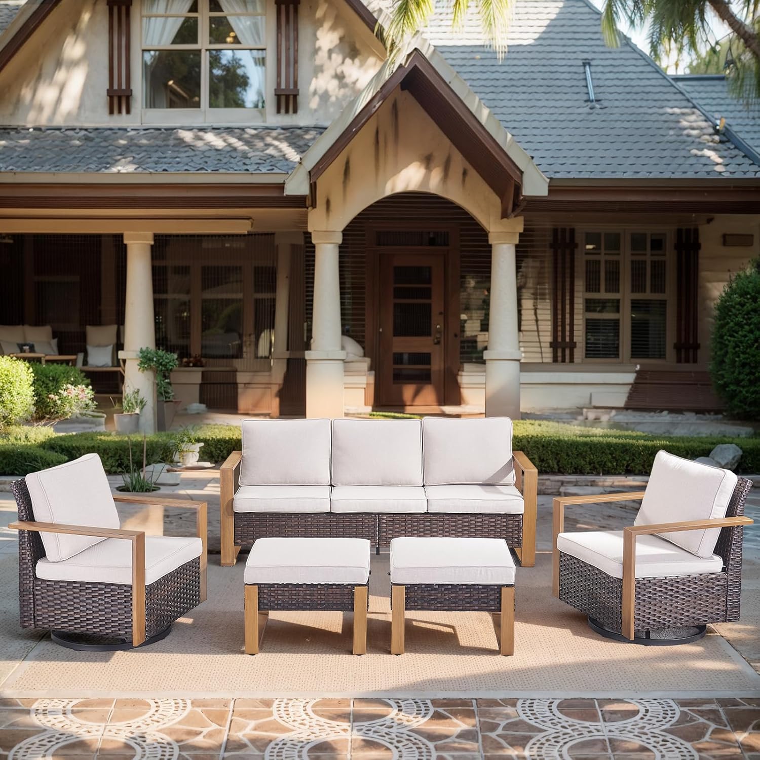 HUMMUH Outdoor Swivel Rocker Patio Chairs Set of 2-All Weather Wicker Swivel Rocking Outdoor Chairs for Deck Porch Poolside Balcony-Brown/Beige