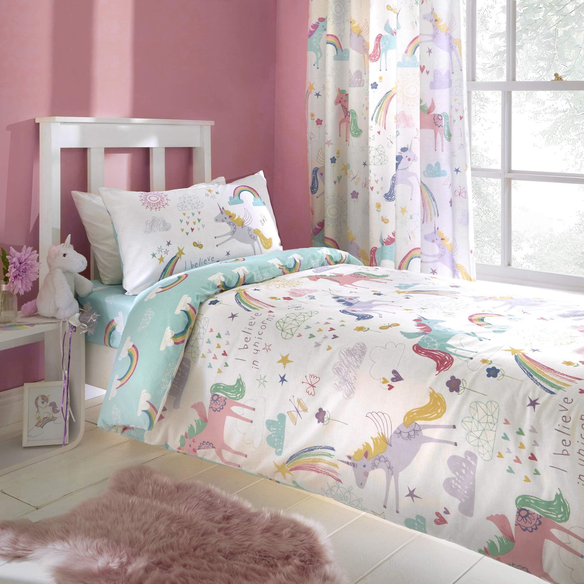 100% Cotton Unicorn Duvet Cover Twin, Rainbow Bedding Set For