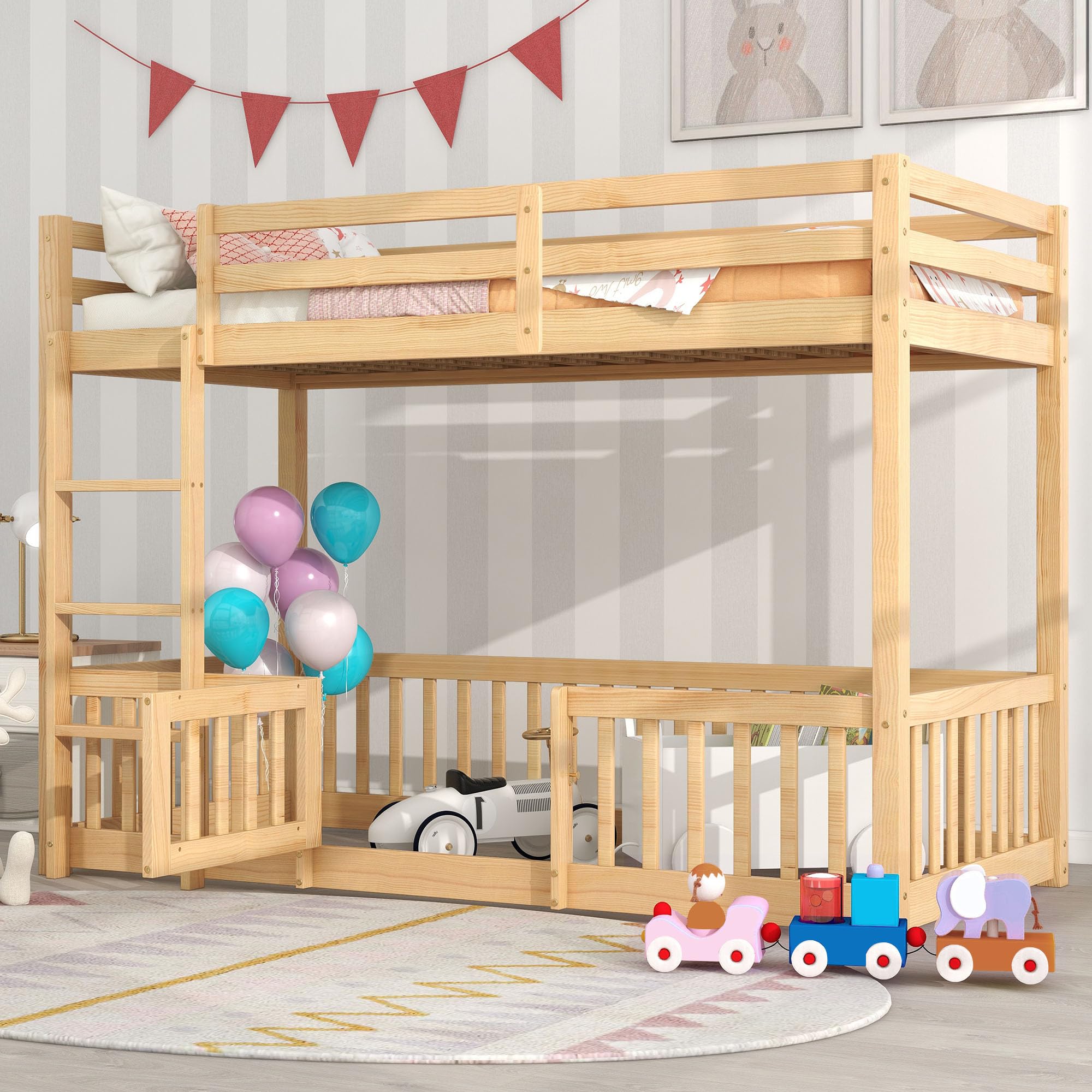 Lubvtti Litera Infantil 90 x 200 cm,Cama para niños con protección anticaídas y barandilla,Estructura Cama 90x200,Cama Superior con somier de láminas, Natural