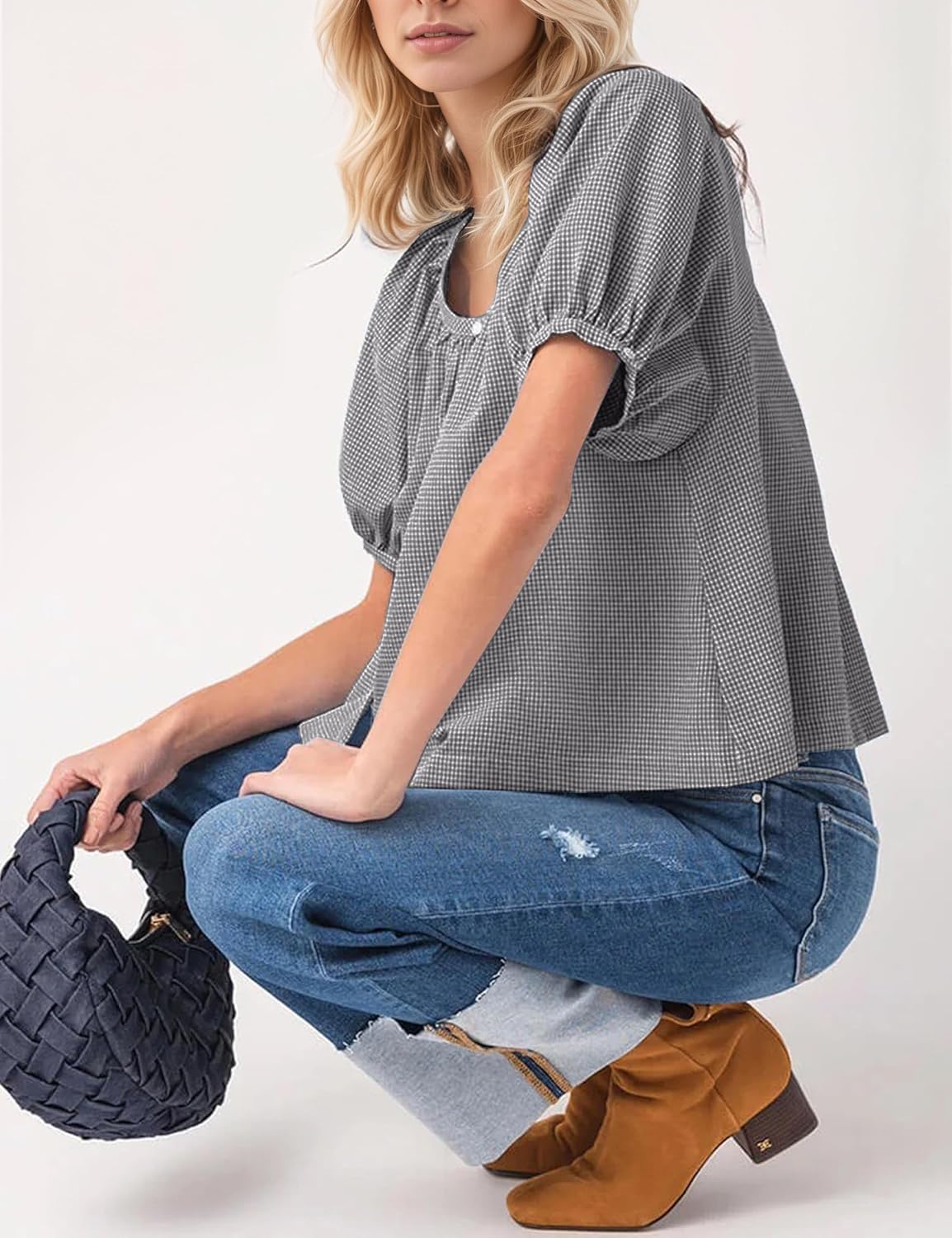 MISSACTIVER Plaid Puff Short Sleeve Shirts Women Button Down Crew Neck Babydoll Tops Summer Flowy Gingham Peplum Blouse - Image 5