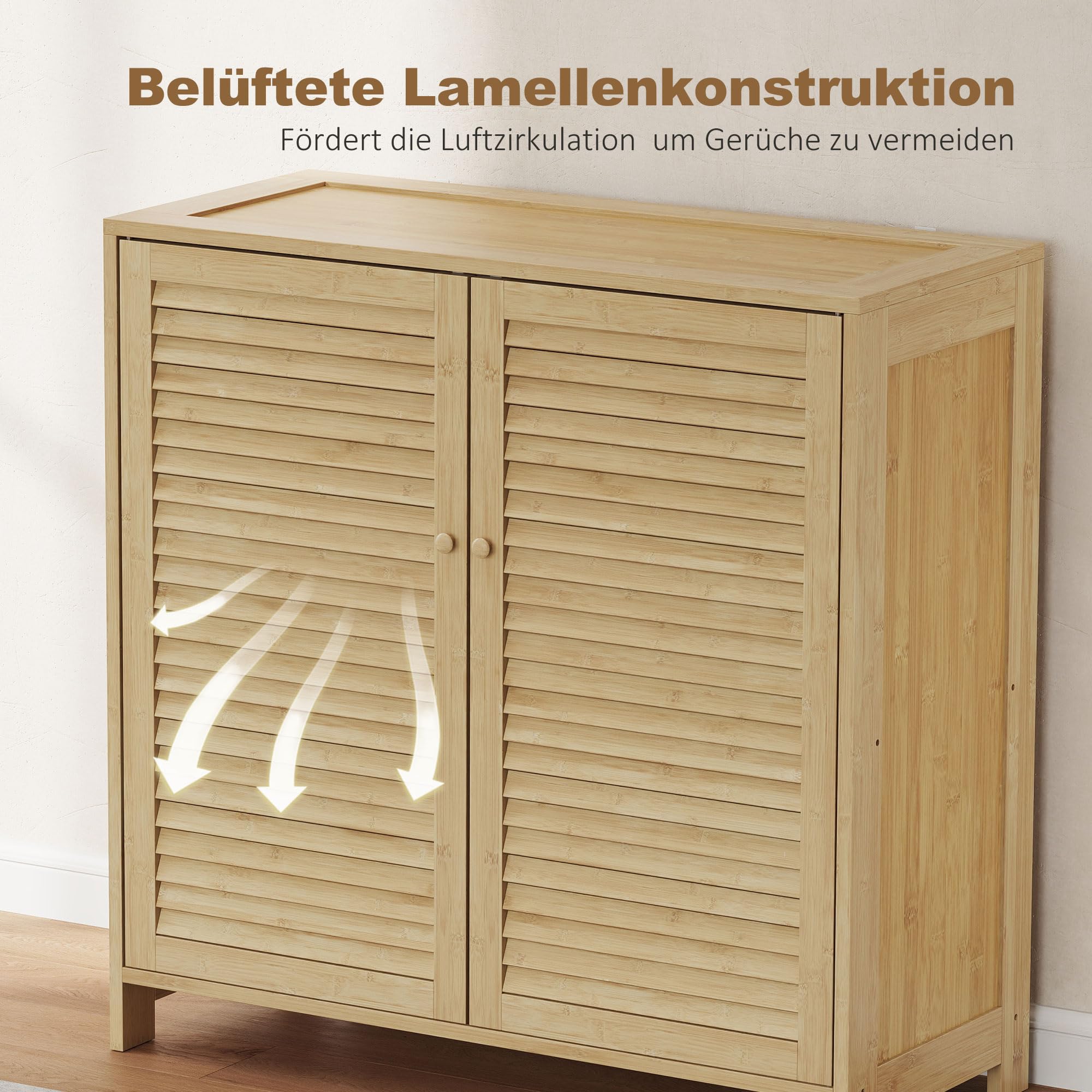 HOMCOM Mueble Zapatero de Bambú, Armario para Zapatos con Puertas de Persiana, Estantes Ajustables, para 14 Pares de Zapatos, Zapatero para Pasillo Recibidor, 80x35x80 cm, Natural