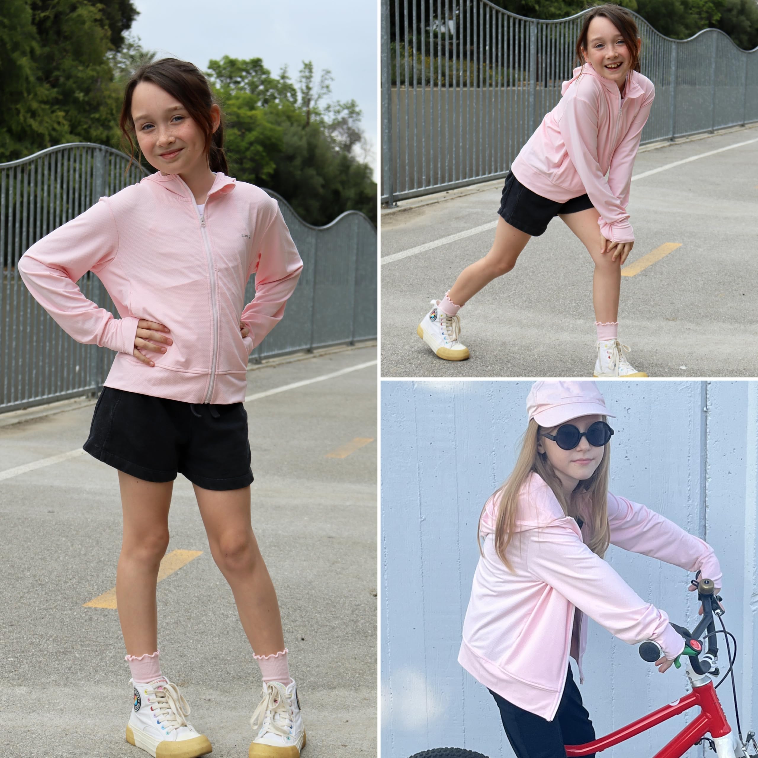 Rolanko Mädchen Sommerjacke mit Daumenlöchern Langarm Sonnenschutz Schnell Trocknend Reißverschluss Hoodie Kinder Rash Guard Tops