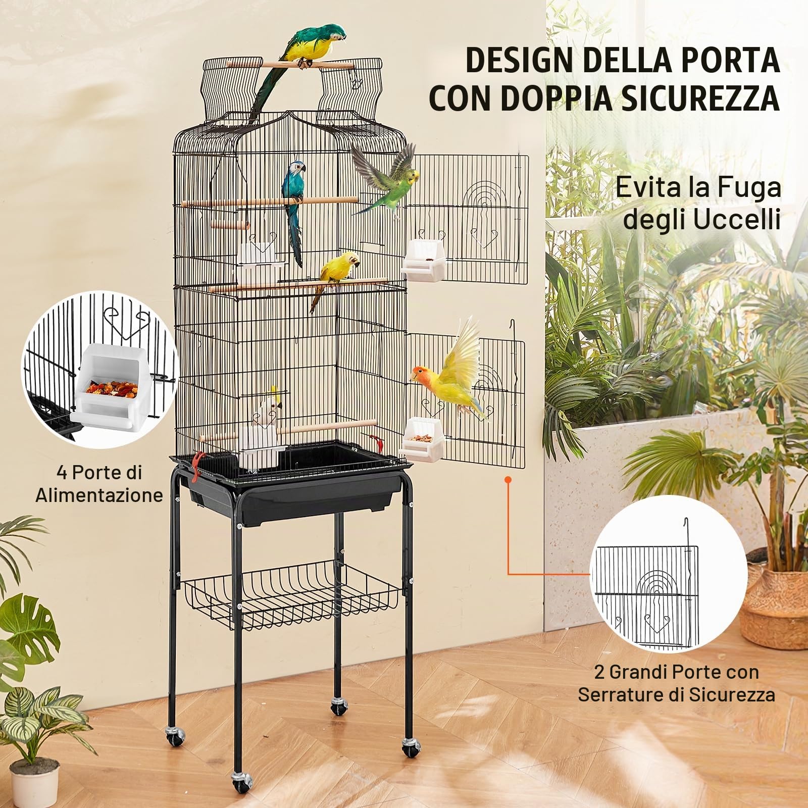 VEVOR Grande Gabbia per Uccelli, 45,7 x 35,5 x 151 cm Gabbia per Parrocchetti con Parte Superiore Aperta, Supporto Mobile, 4 Trespoli, Gabbia per Calopsitte, Giocattolo per Animali Domestici, Nero