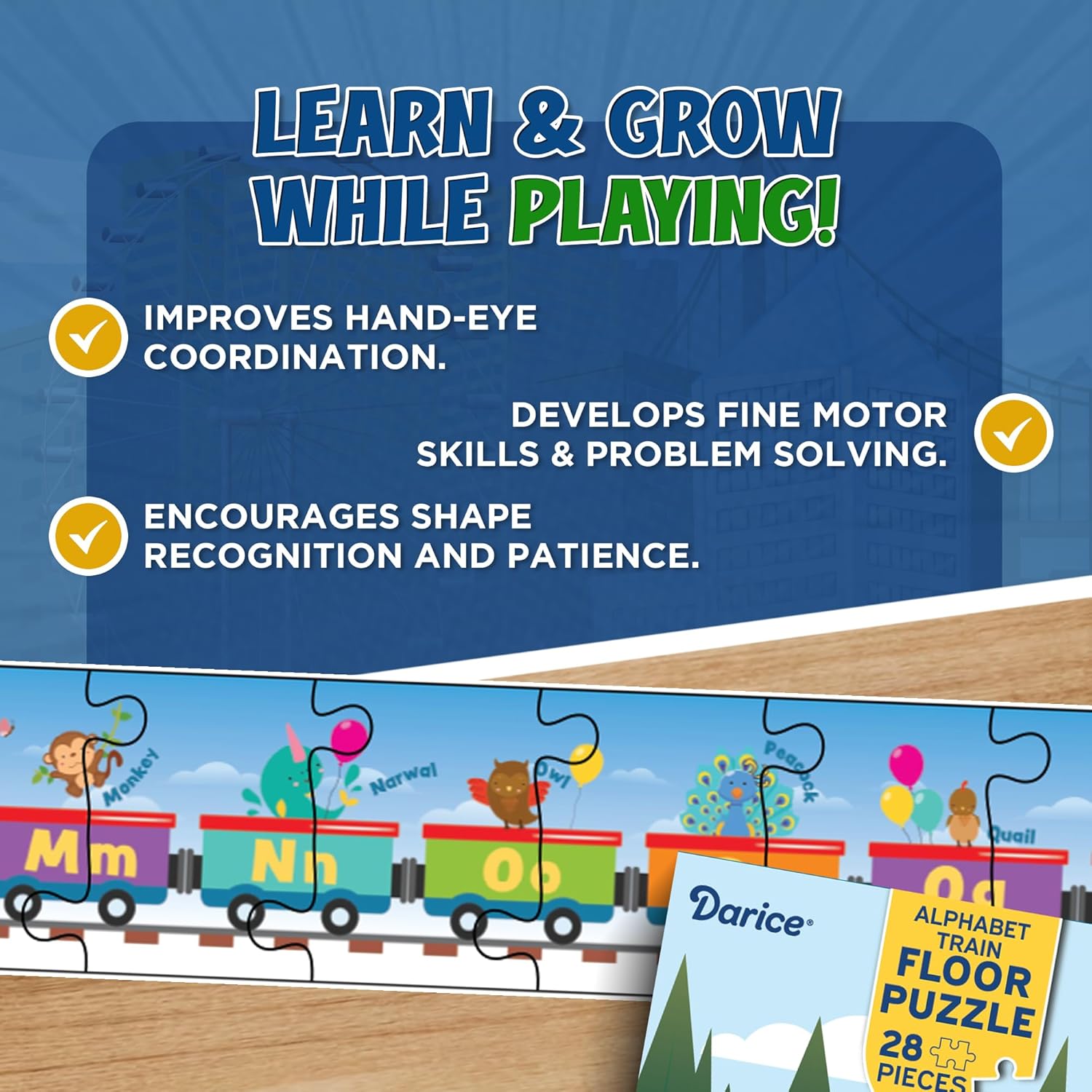 Darice Alphabet Train Floor Puzzle for Kids – 28 Jumbo Pieces, 10-Foot Long Educational ABC Jigsaw Puzzle – Learn Letters & Animals, Ages 3+