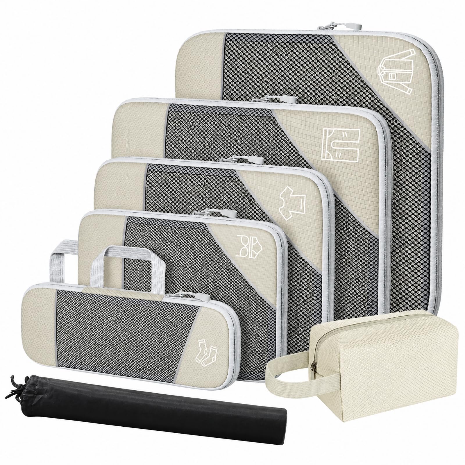 Amagogo 7 èces Organiteur Compreion Travel En Nylon Resrant Kit Rangement Pochtes à Fermure É Packing Cubes, Beige