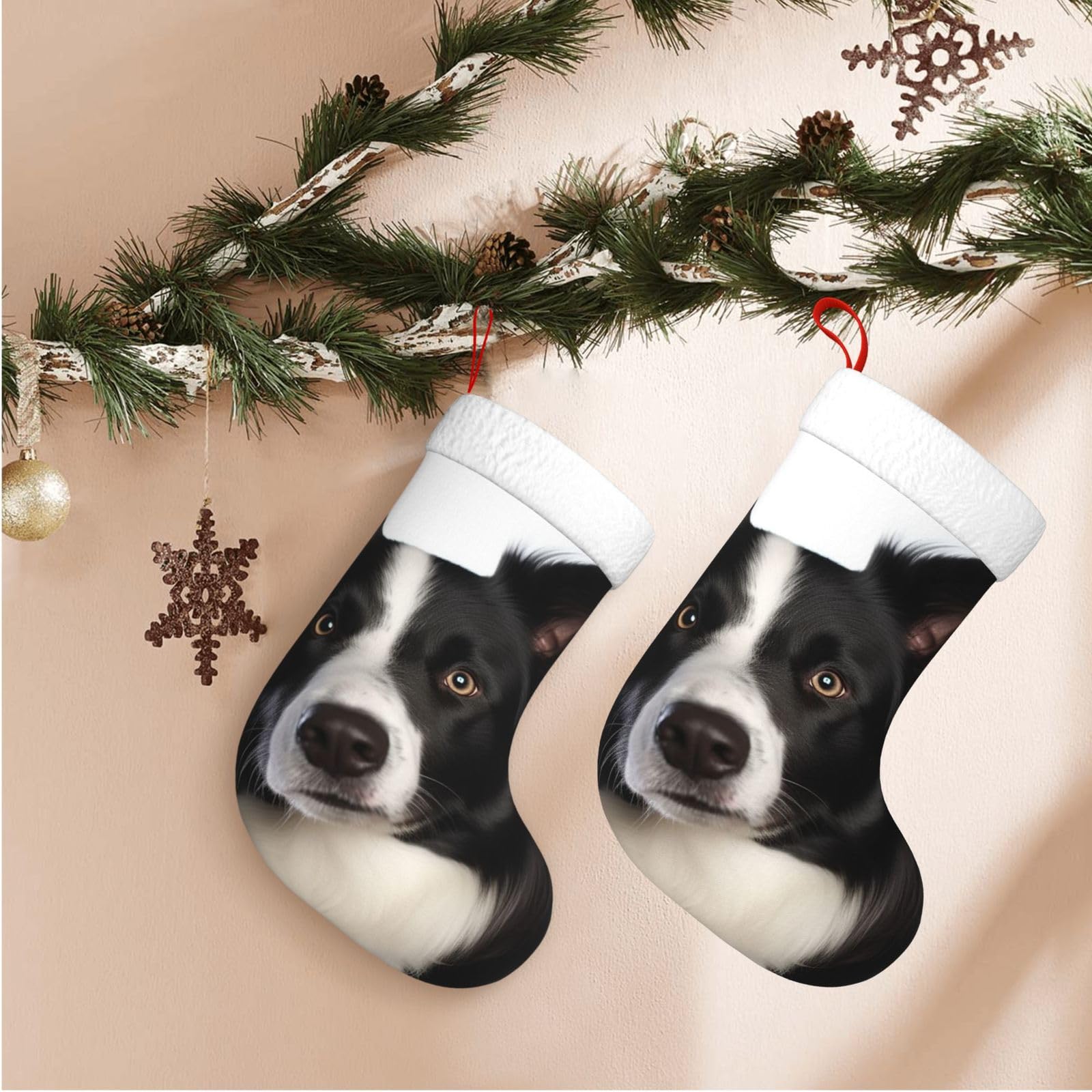 Border Collie Christmas Stockings Velvet Xmas Fireplace Hanging Stocking with Plush Cuff Rustic Christmas Santa Stockings for Home Christmas Decorations Party Favor Supplies