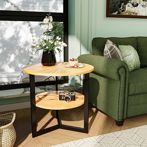 MODERION Mesa auxiliar redonda grande con estante de almacenamiento de 2 neumáticos, mesa auxiliar de sofá de madera maciza de 25.2 pulgadas con