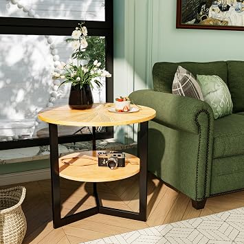 Round Large End Table with 2 tire Storage Shelf, 25.2 Solid Wood Sofa Side Table with Black Metal Frame, Beside Table for Living Room,Small Space,Natural CJZ1338OA