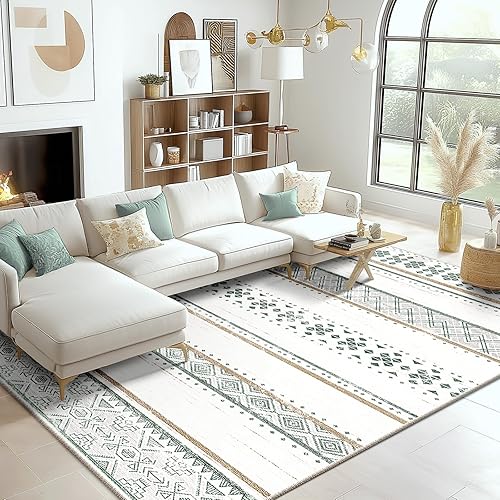 BESTSWEETIE 9x12 Area Rug for Living Room Washable Rug Moroccan Farmhouse Neutral Geometric Soft Non-Slip Low Pile Water Repellent Rug for Dining Room Bedroom Green/Brown/Brown