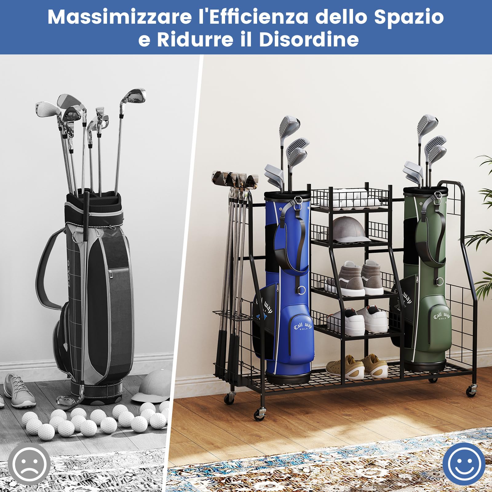 COSTWAY Organizer per Borse da Golf, Carrello per Sacca da Golf con Supporti Rimovibili, Cesta in Rete, Scaffali Aperti, Vassoio e Ruote, Organizzatore Salvaspazio in Metallo per Casa e Garage