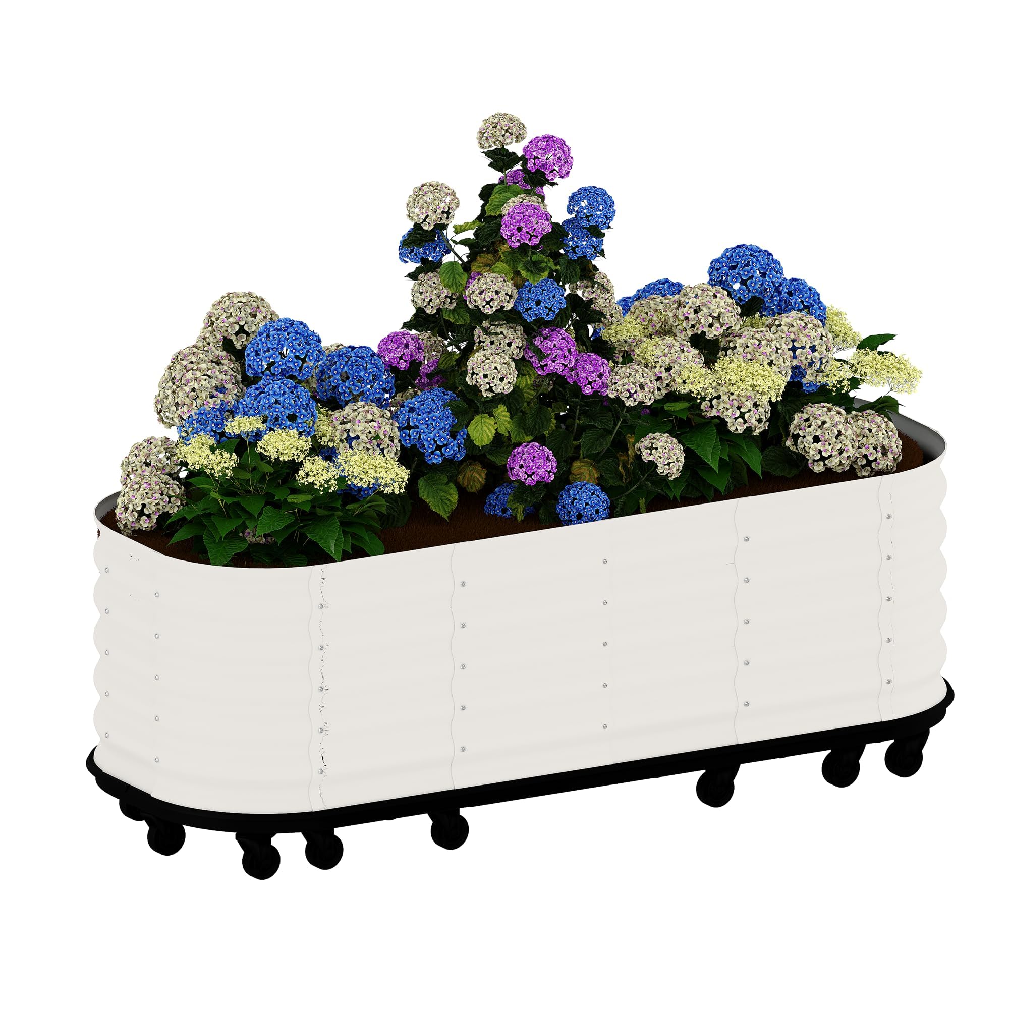 Aptliton 240x60x50cm Large Raised Garden Bed with 16 Lockable Wheels, Mobile Oval Galvanized Steel Planter Box with Drainage Holes for Vegetables Flowers Herbs Outdoor Patio Balcony, White