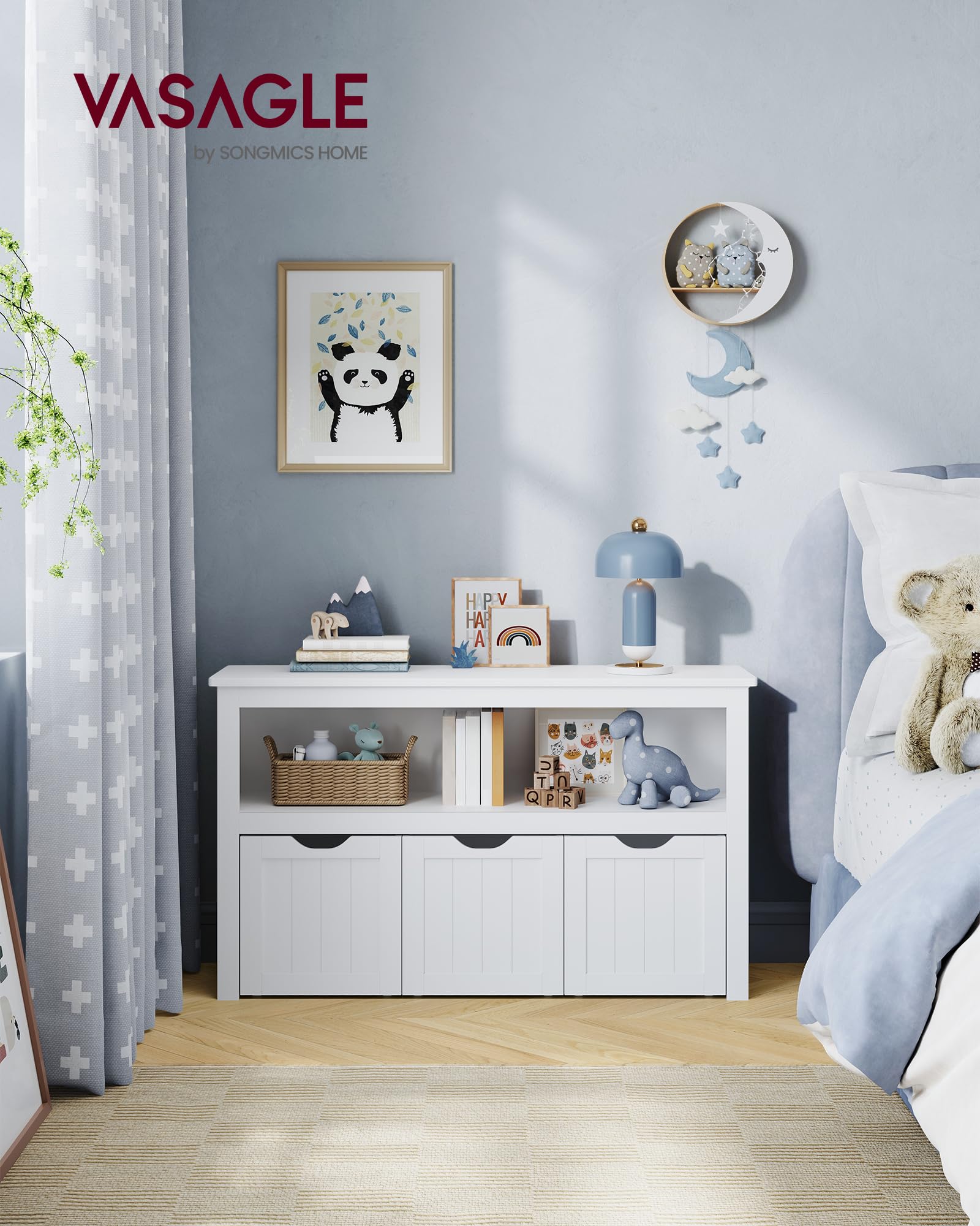 VASAGLE Kinderregal, Spielzeugaufbewahrung für Kinder, Aufbewahrungsschrank, Spielzeugschrank, Aufbewahrungsbox mit Rollen, Spielzeugregal, für Kinderzimmer, 102 x 30 x 60 cm, weiß LHS380W01