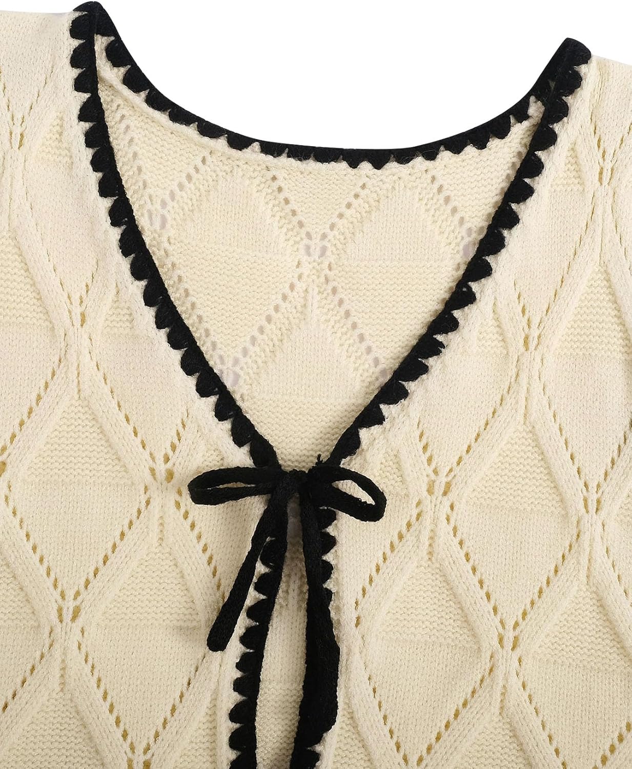 Verdusa Women's Old Money Bow Tie Crochet Sweater Vest Contrast Binding Knot Front V Neck Knit Top - Image 4