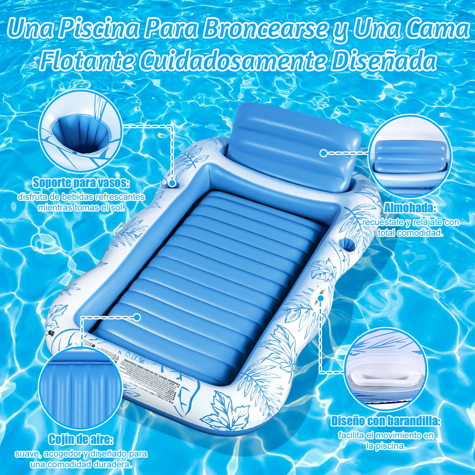 Charmofun Colchón de Aire Piscina, Flotador Inflable de Bronceado Grande, Piscina Bronceado Hinchable Adultos, Hamaca de Agua Colchón de Aire con Portavasos, para Adultos y Niños