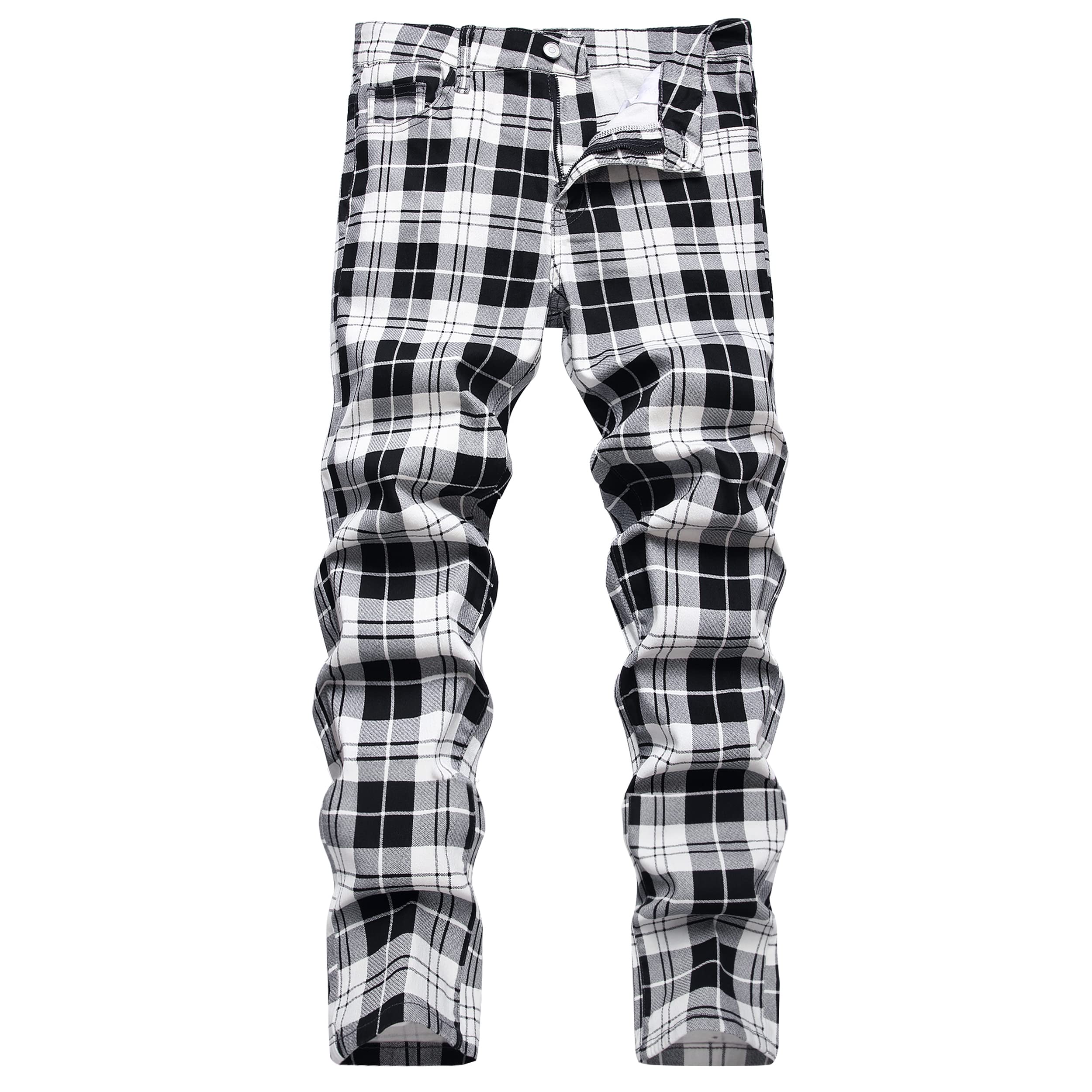 COOSVEN Men Ripped Jeans, Slim Fit Straight Leg, Denim Pants with Holes, Black White Plaid - Stretch, 32