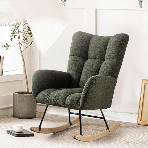 Mecedora para guardería, mecedora tapizada de tela de peluche, mecedora con bolsillo de almacenamiento, sillón con respaldo alto, cómoda silla