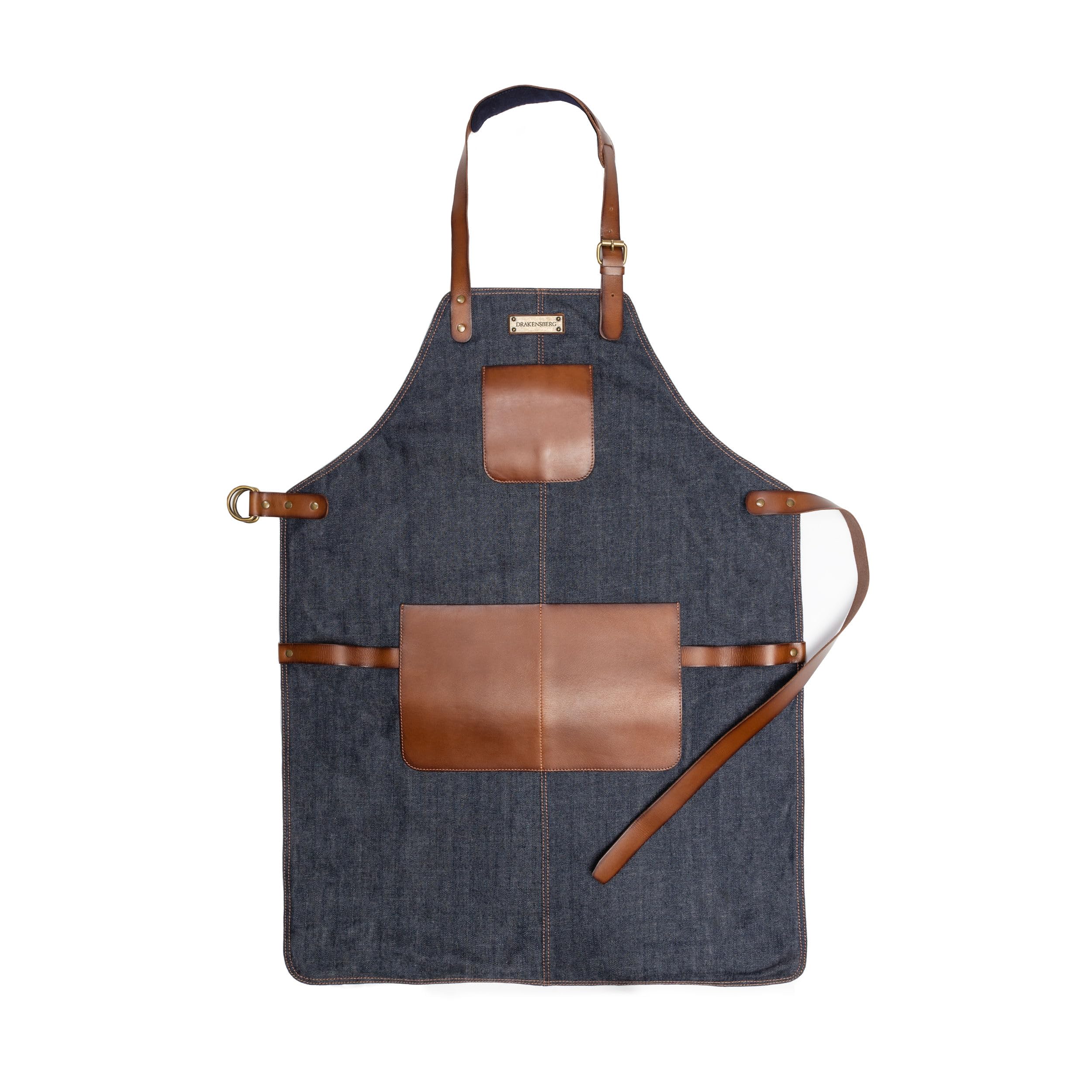 DRAKENSBERG 'Bob' - Delantal BBQ y de cocinero profesional de denim y cuero, para barbacoa, gastro, bar, barista, regalo para hombres, sostenible hecho a mano, retro-vintage, azul, marrón, DR00283